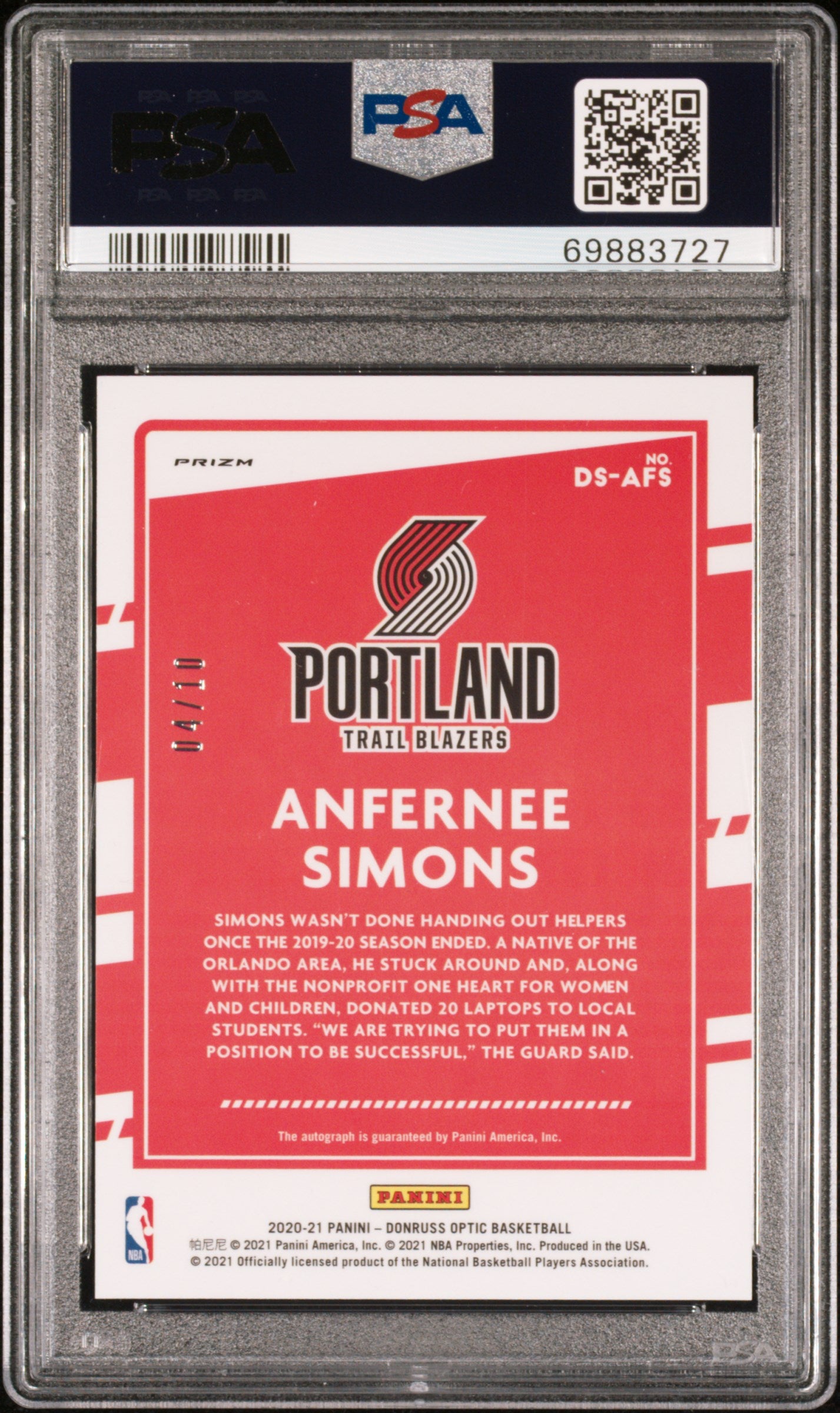 ANFERNEE SIMONS 2020-21 Donruss Optic Dominators Auto Gold Prizm /10 PSA 9