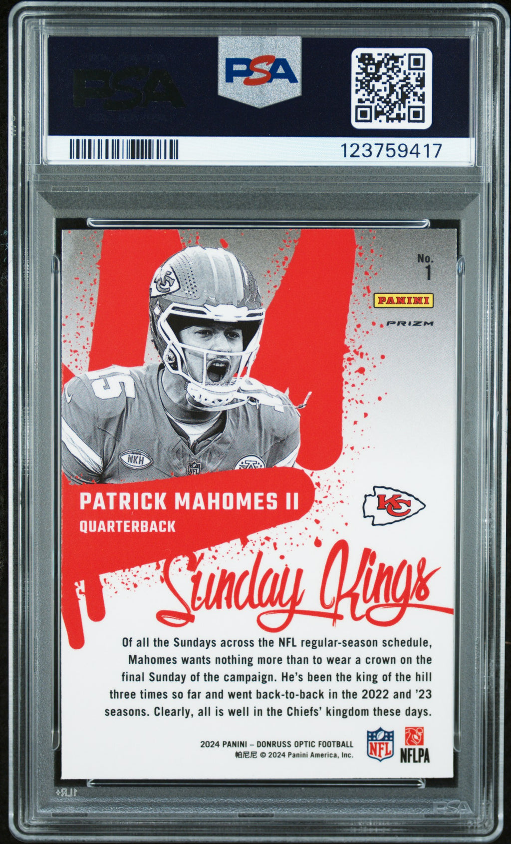 PATRICK MAHOMES II 2024 Panini Donruss Optic Sunday Kings Case Hit SSP #1 PSA 9