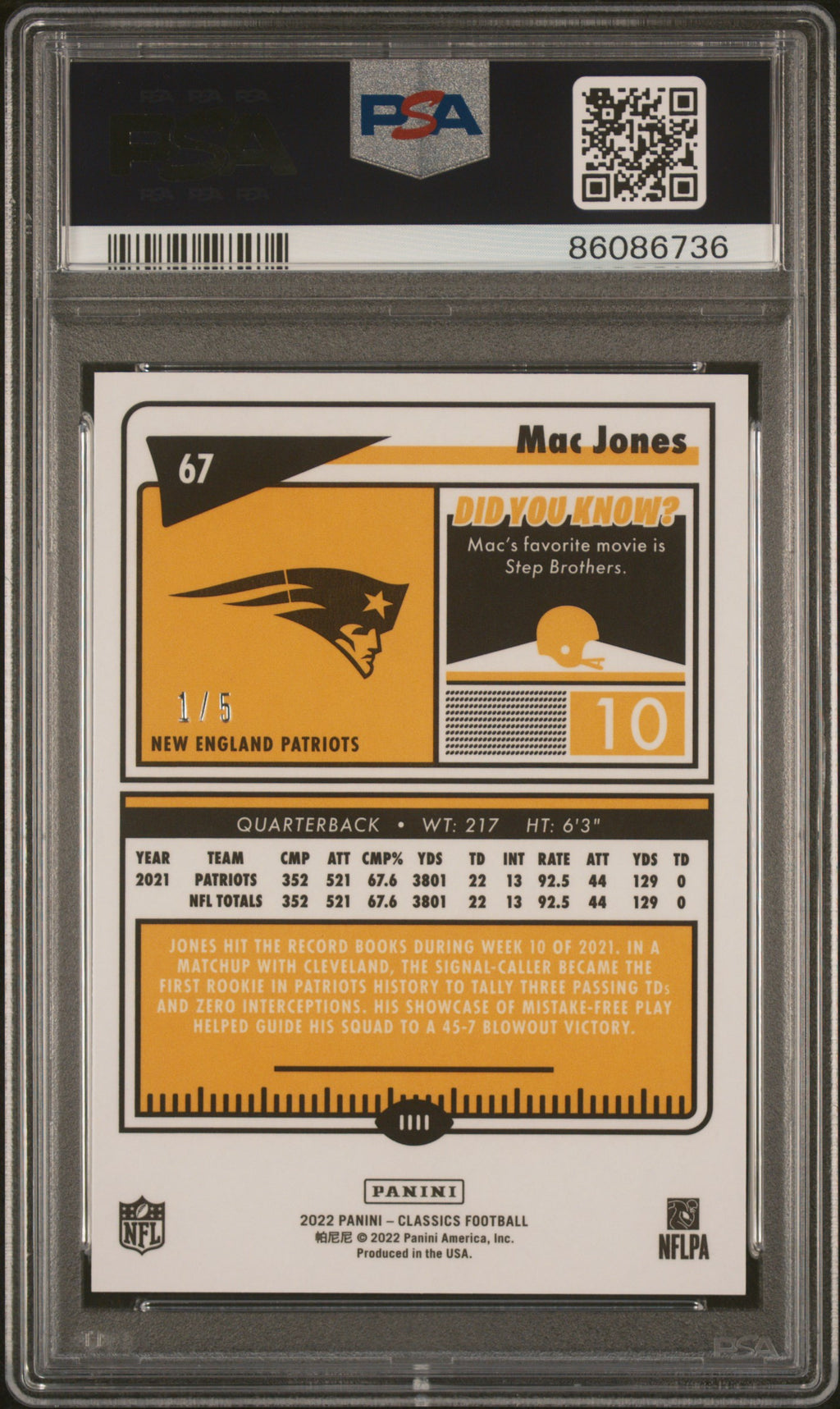 MAC JONES 2022 Panini Classics #67 Premium Timeless Tribute Blue /5 PSA 9