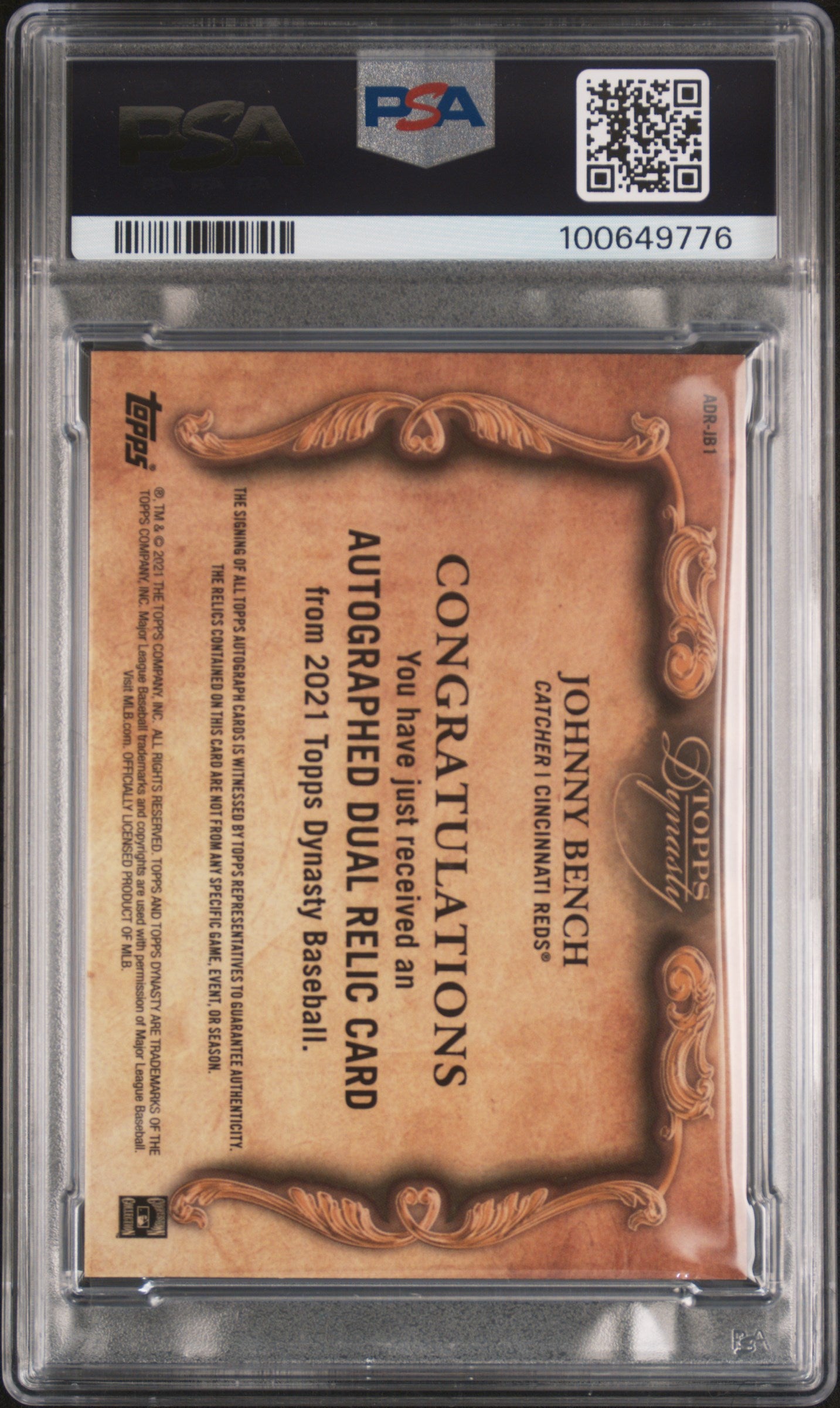 JOHNNY BENCH 2021 Topps Dynasty Auto Dual Bat Relic /5 #JB1 PSA 9 Reds