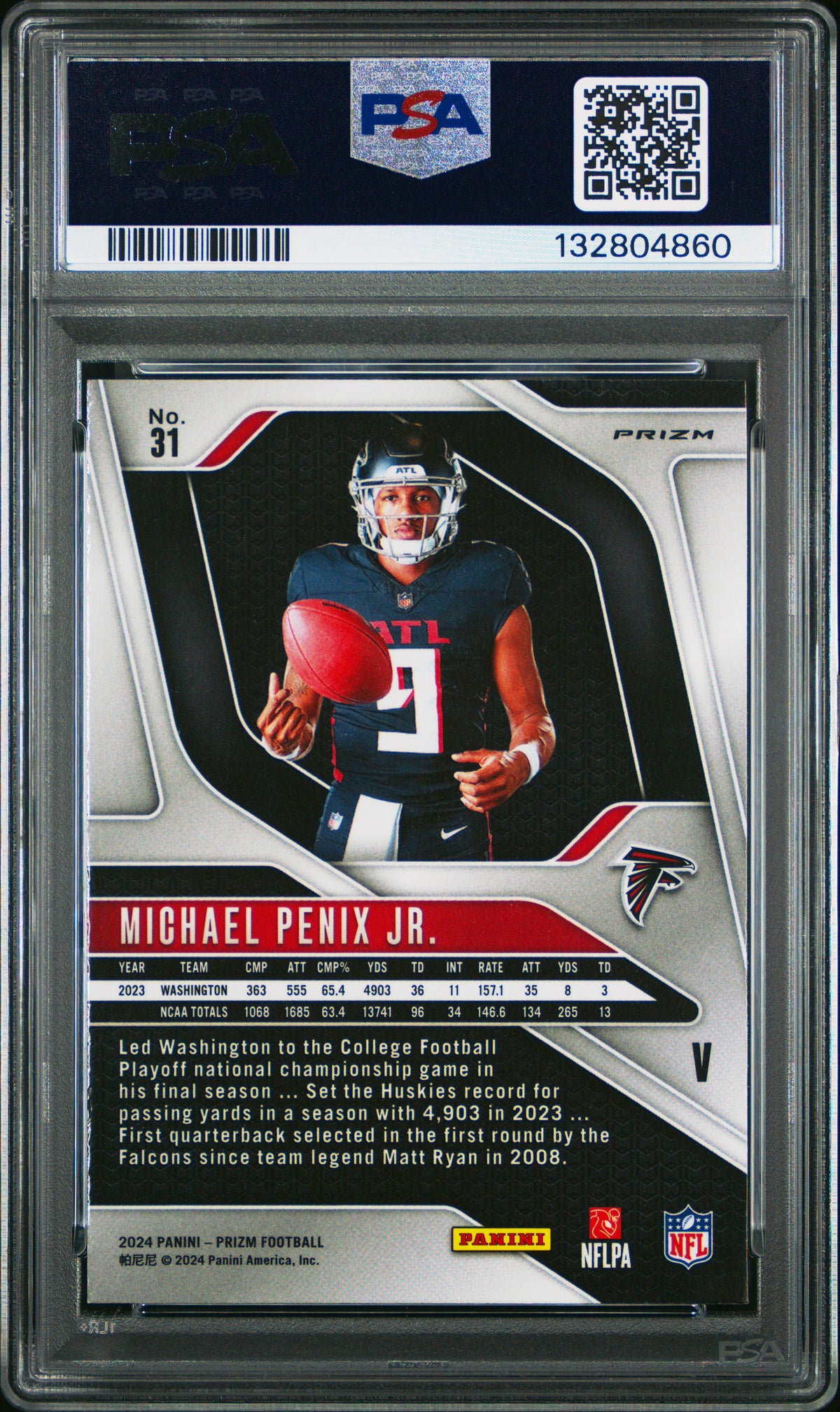 MICHAEL PENNIX JR. 2024 Panini Prizm Rookie Variation Silver #31 PSA 10 Falcons