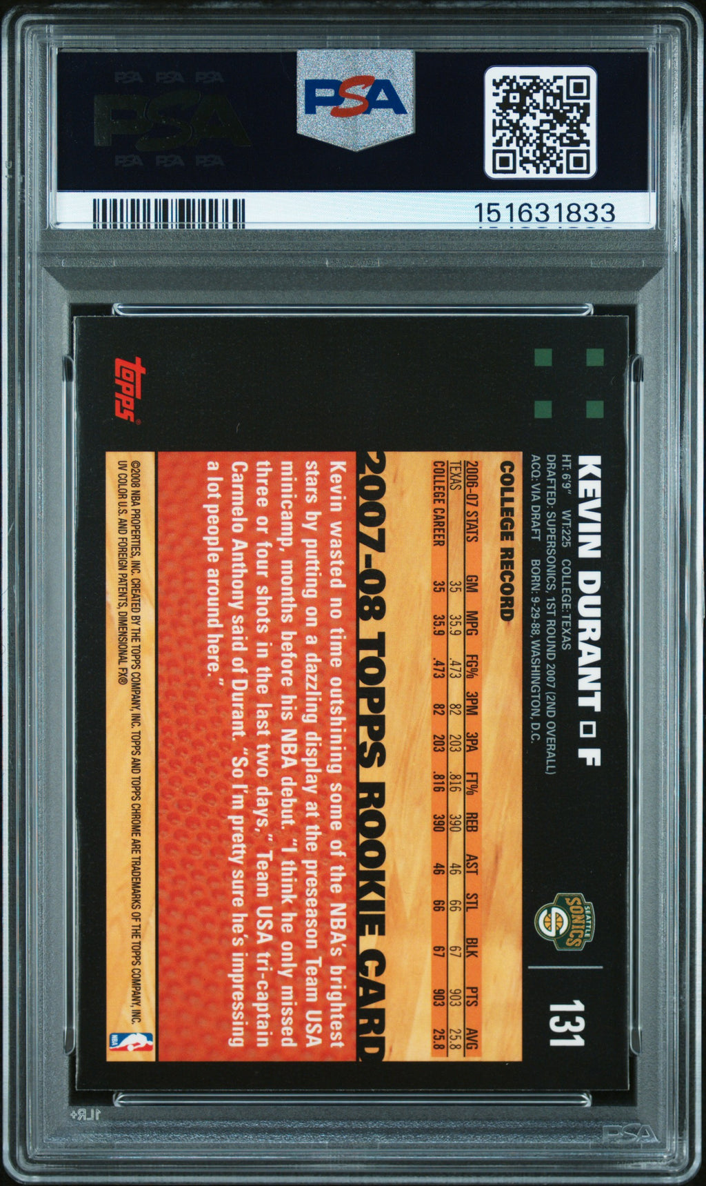 KEVIN DURANT 2007-08 Topps Chrome Rookie Card #131 PSA 9 SuperSonics