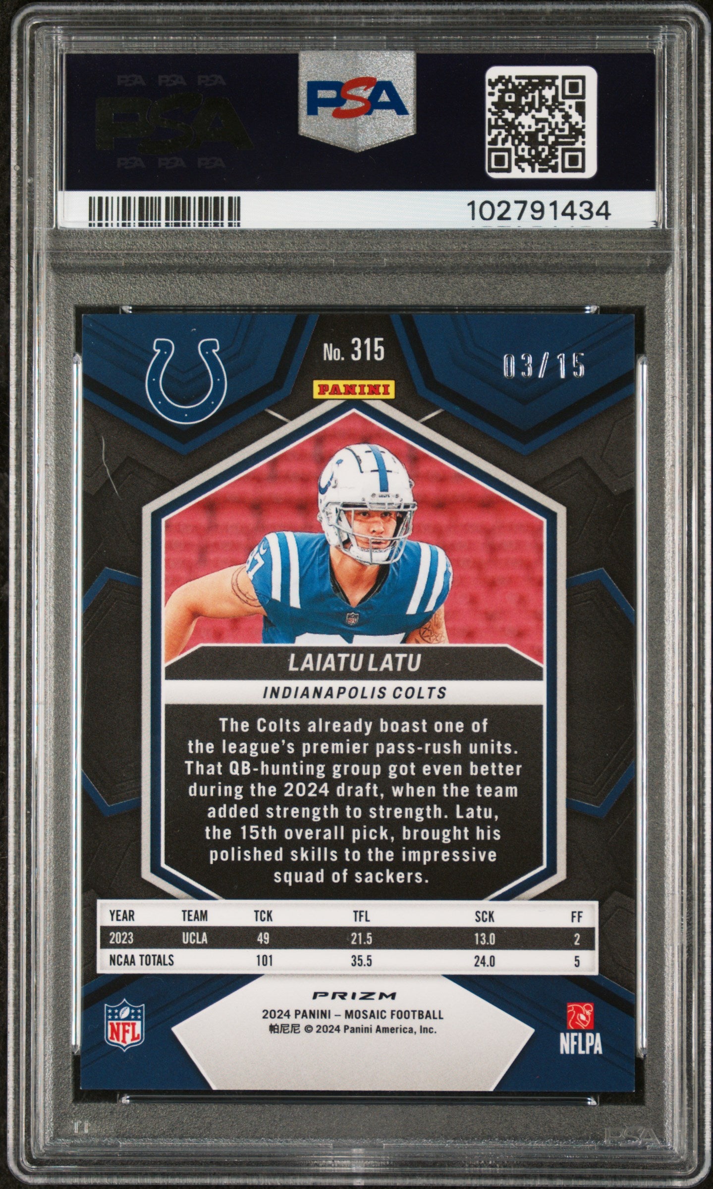 LAIATU LATU 2024 Panini Mosaic Tessellation Prizm /15 PSA 7 NM Rookie #315 Colts