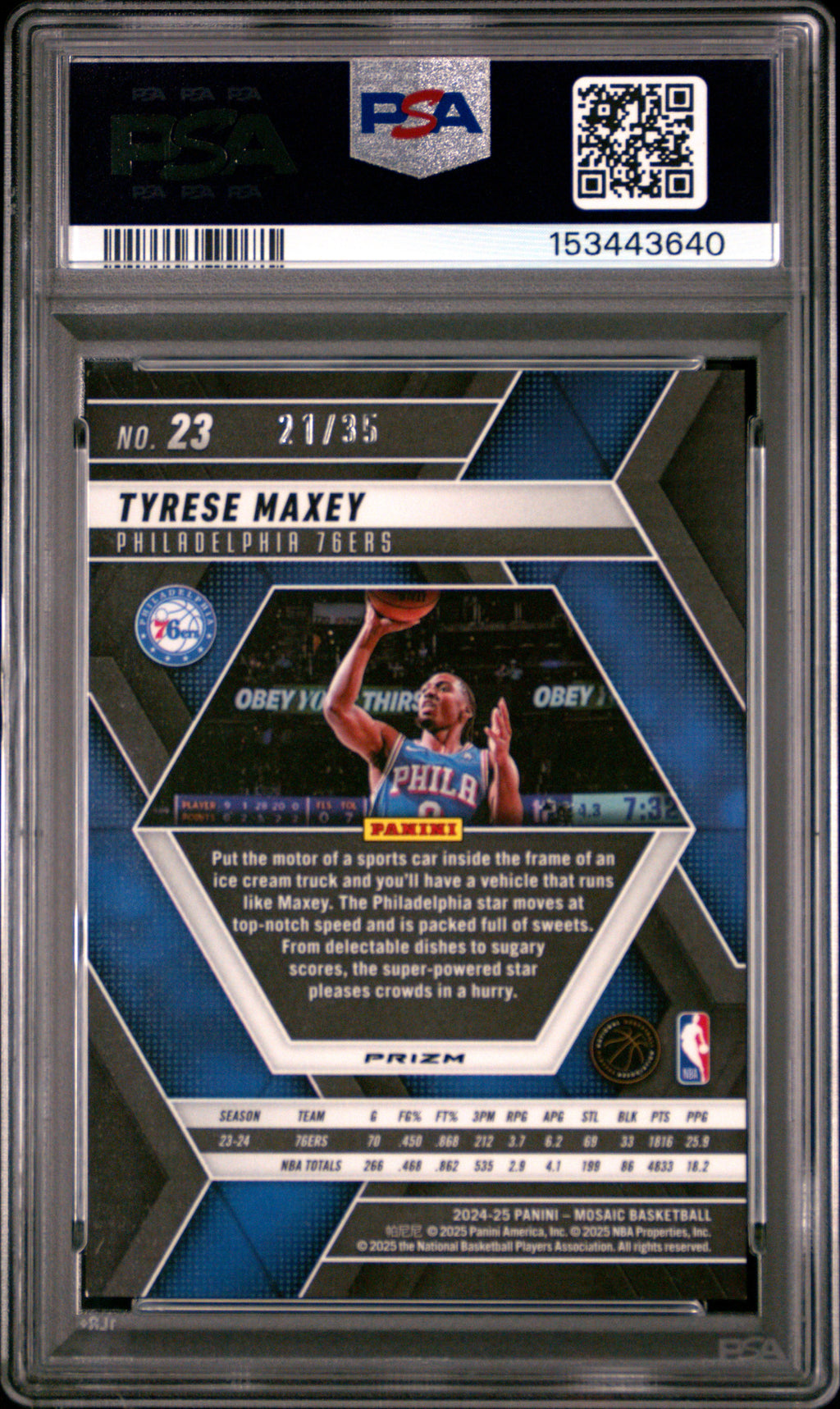 TYRESE MAXEY 2024-25 Panini Mosaic International Blue Prizm /35 #23 PSA 9 76ers