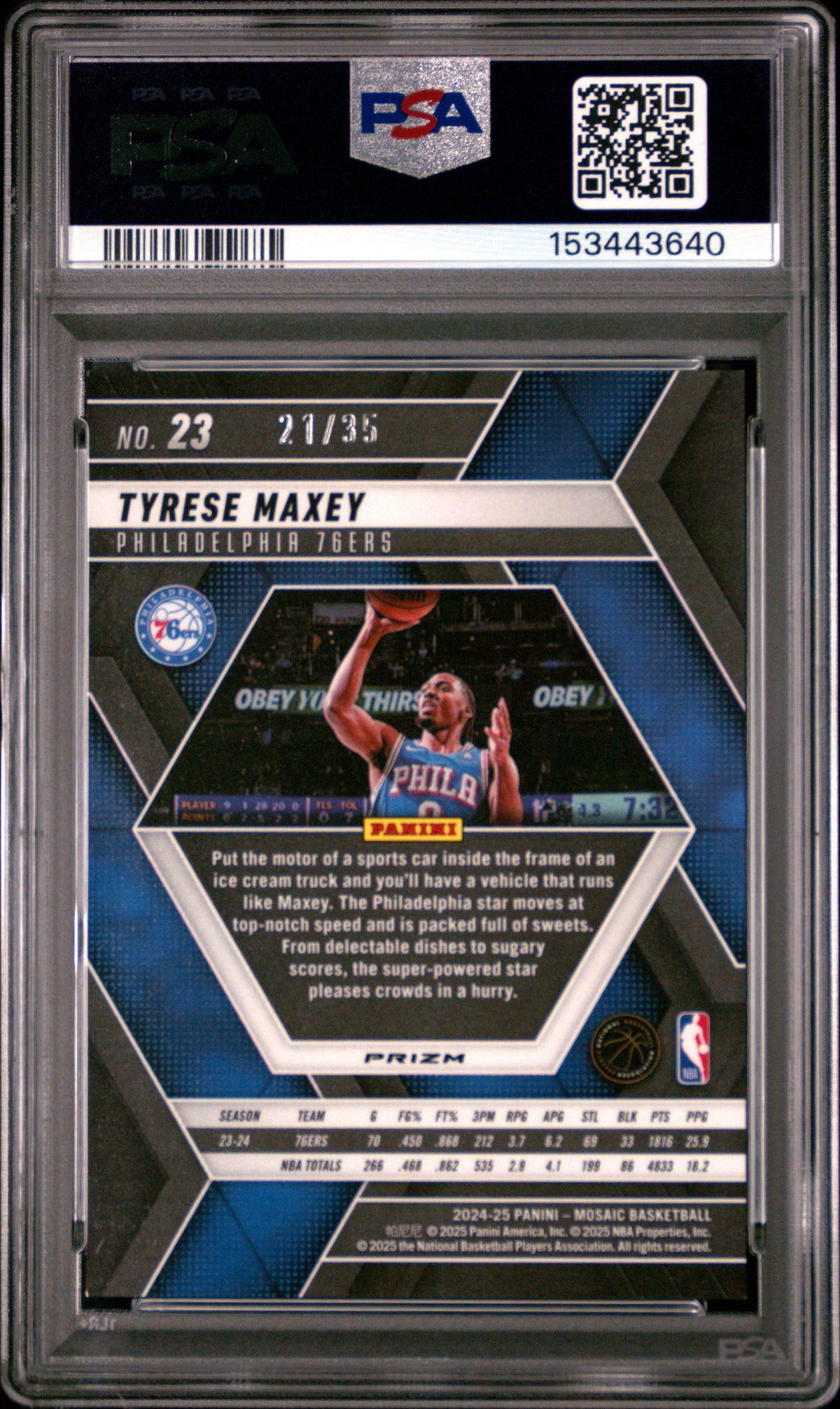 TYRESE MAXEY 2024-25 Panini Mosaic International Blue Prizm /35 #23 PSA 9 76ers