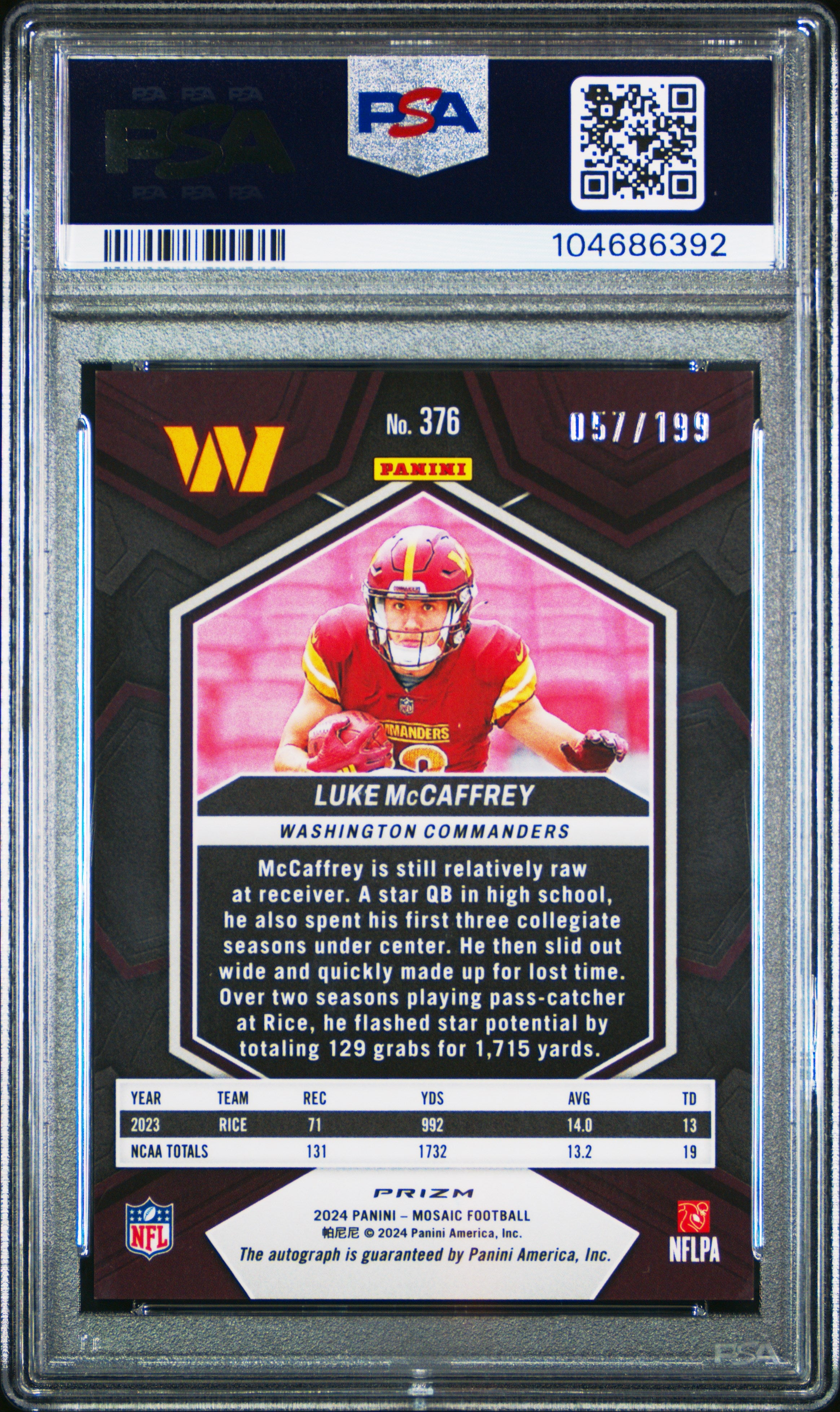 LUKE MCCAFFREY 2024 Panini Mosaic Rookie Auto Red Prizm /199 PSA 9 #376