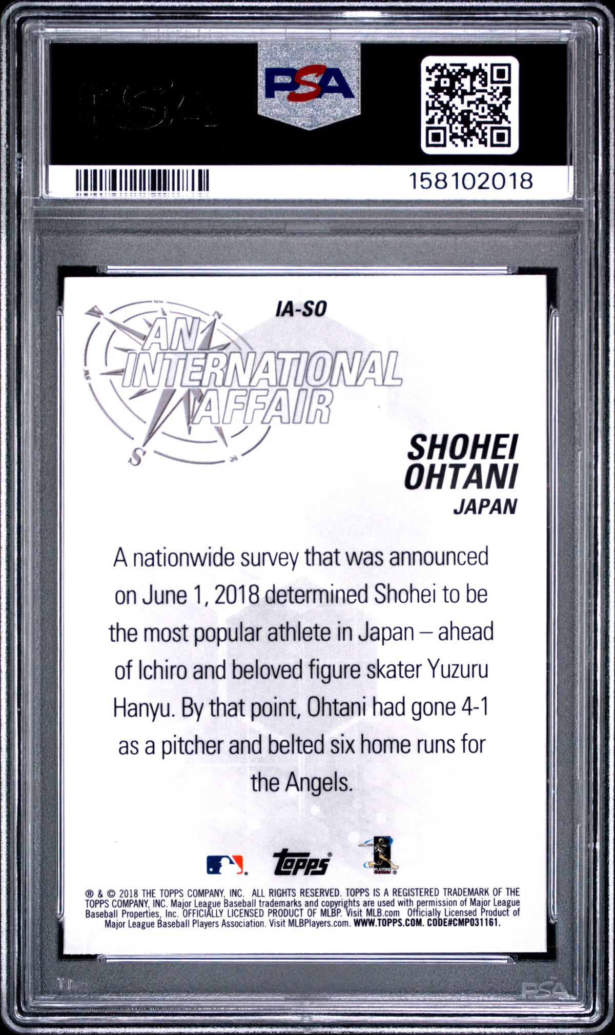 SHOHEI OHTANI 2018 Topps Chrome Update Rookie International Affair #IA-SO PSA 10