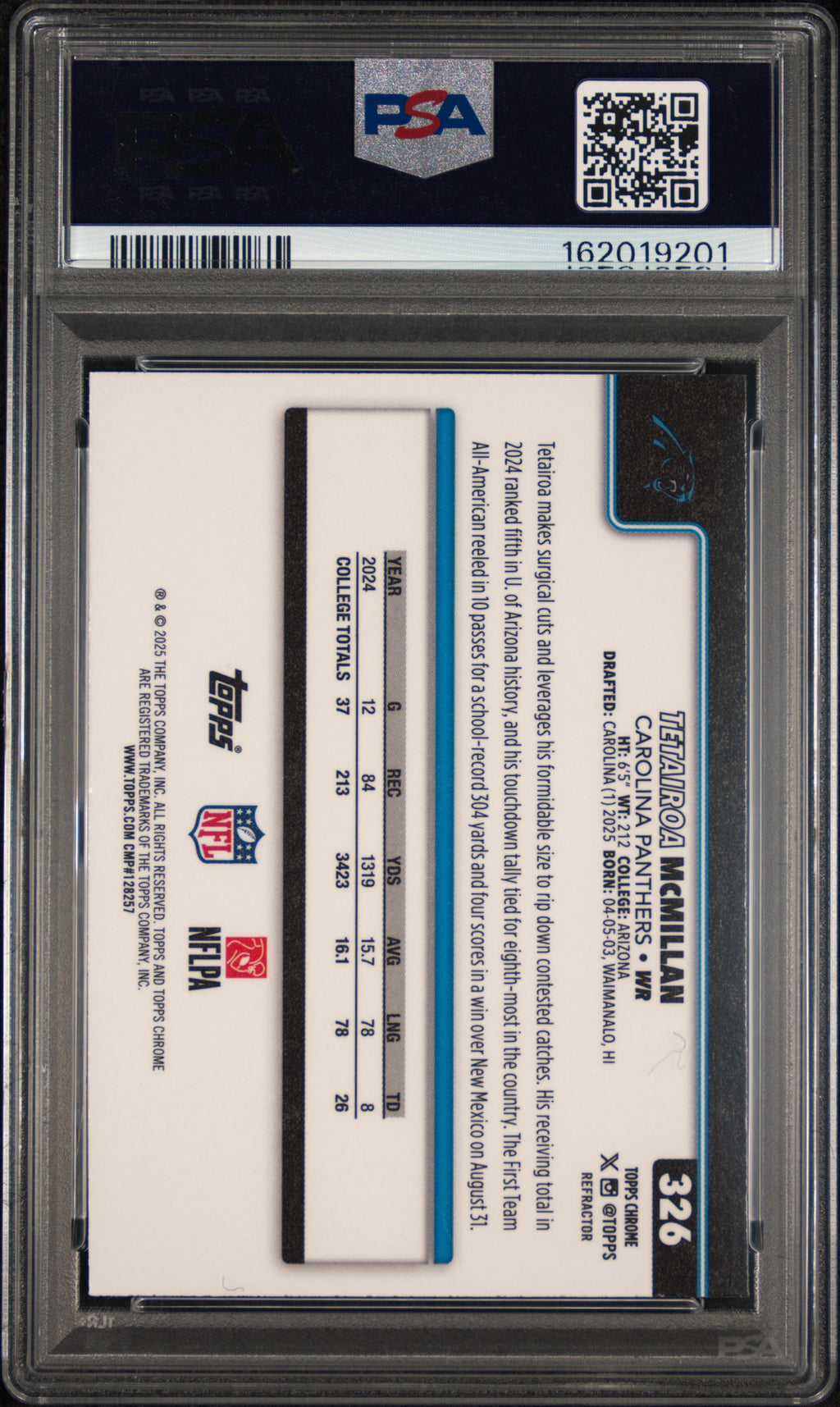 TETAIROA MCMILLAN 2025 Topps Chrome Refractor Rookie #326 PSA 9 Panthers