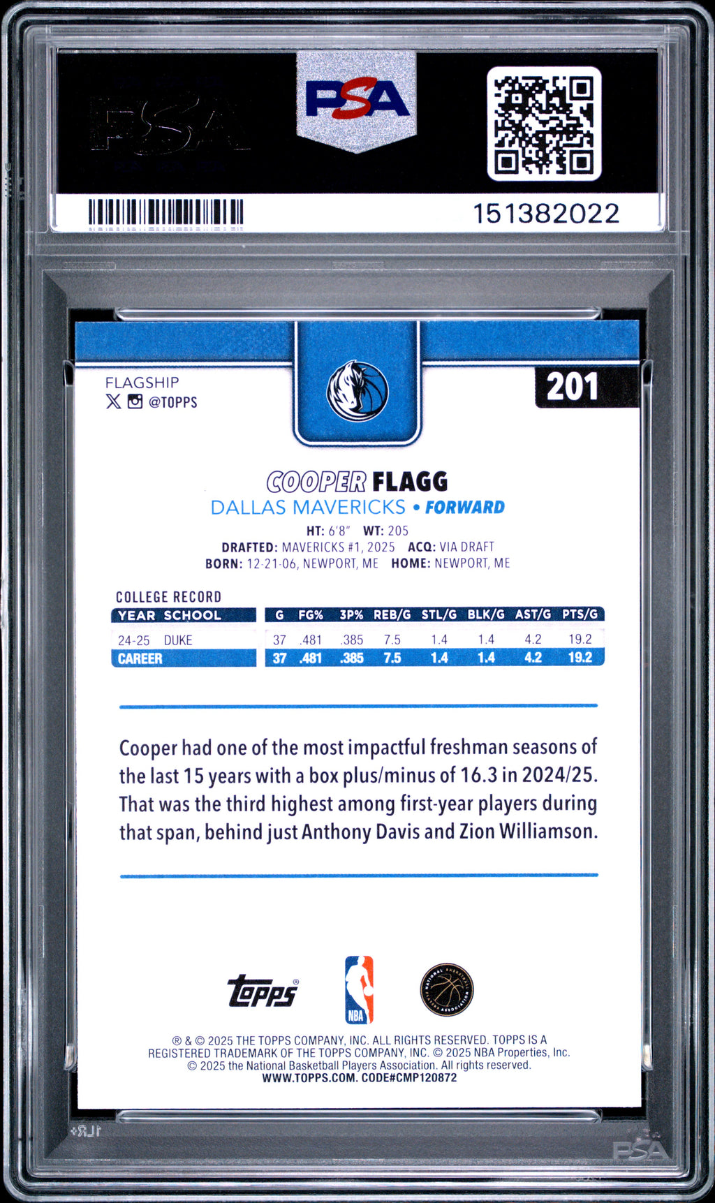 COOPER FLAGG 2025-26 Topps Rookie Season Tip Off #201 PSA 10 Mavericks