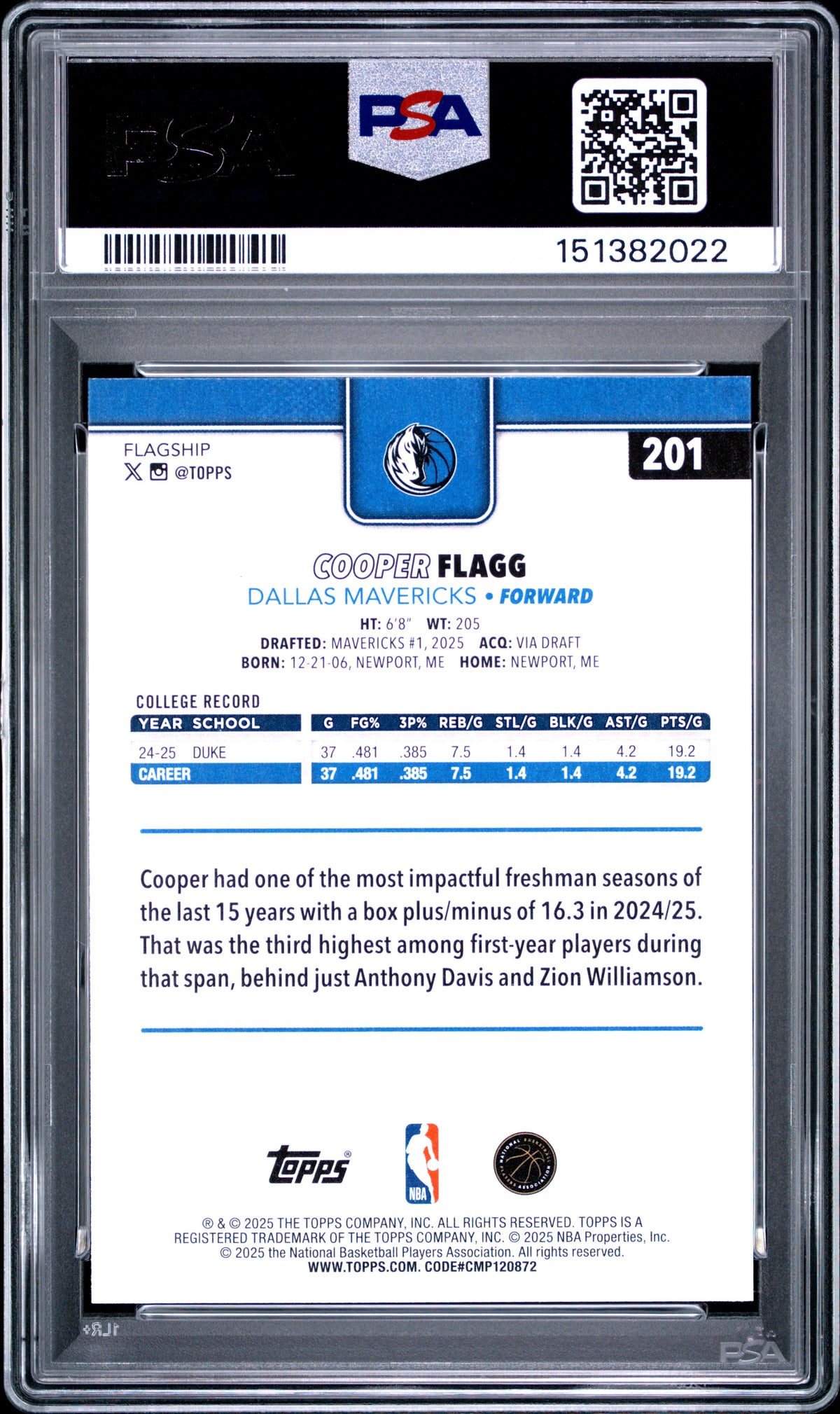 COOPER FLAGG 2025-26 Topps Rookie Season Tip Off #201 PSA 10 Mavericks