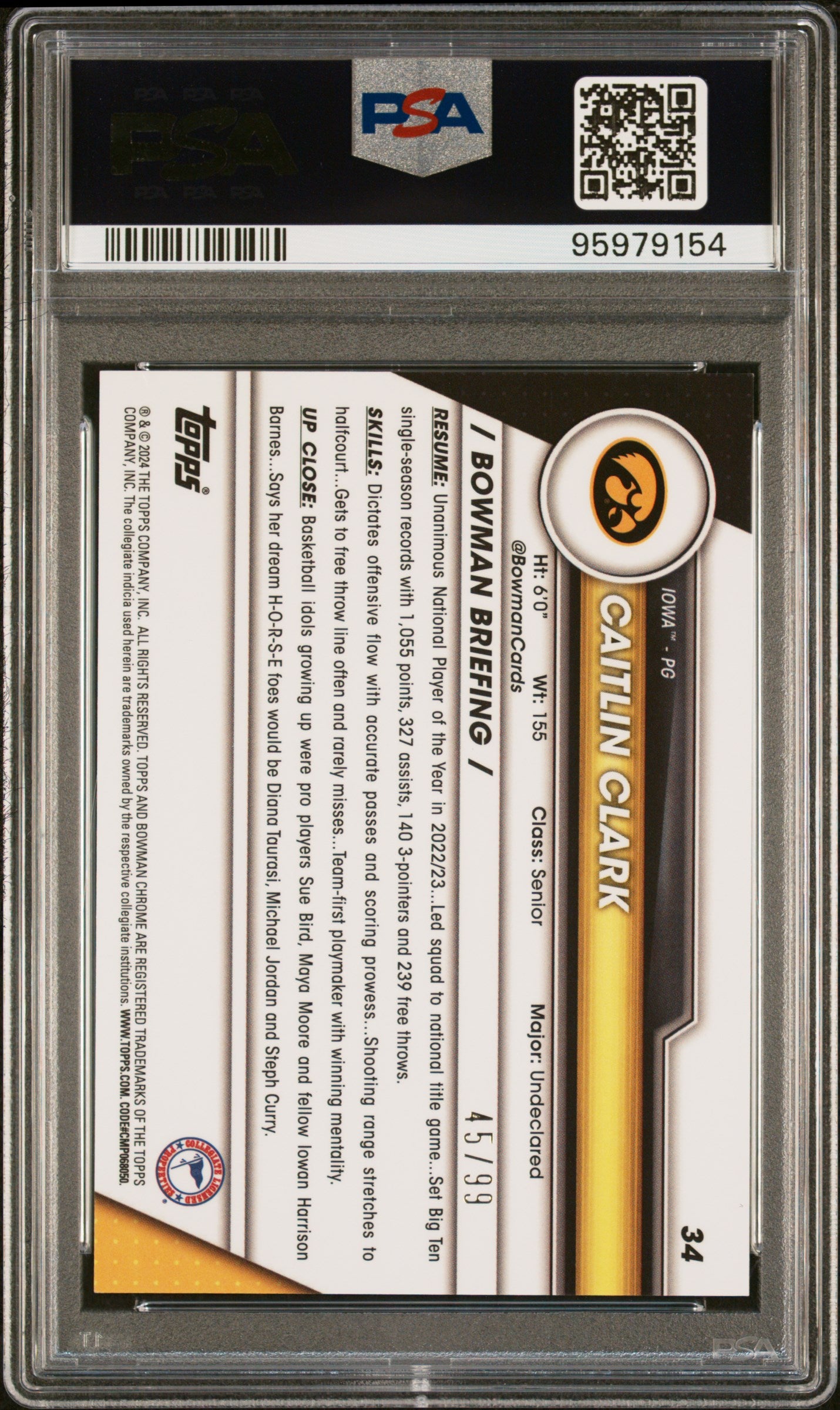 CAITLIN CLARK 2023 Bowman U Chrome Sapphire Green Refractor /99 PSA 10 #34