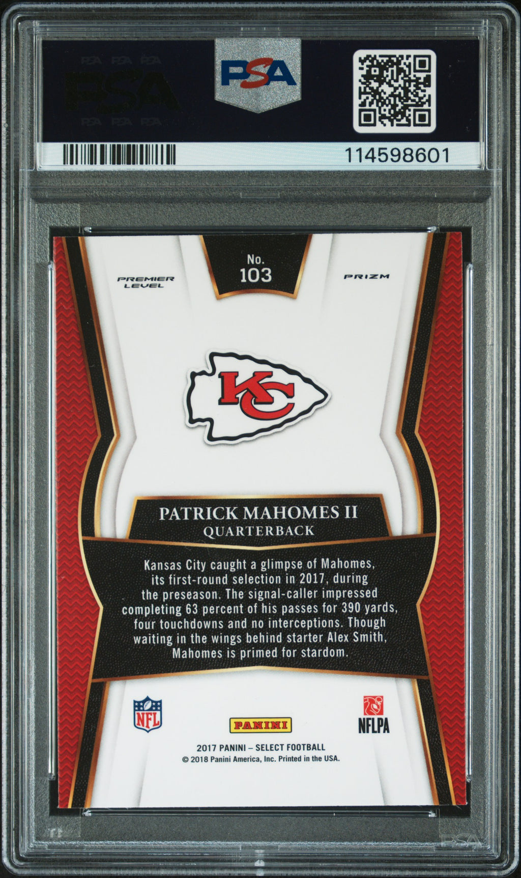 PATRICK MAHOMES 2017 Panini Select Premier Level Silver Prizm Rookie #103 PSA 9