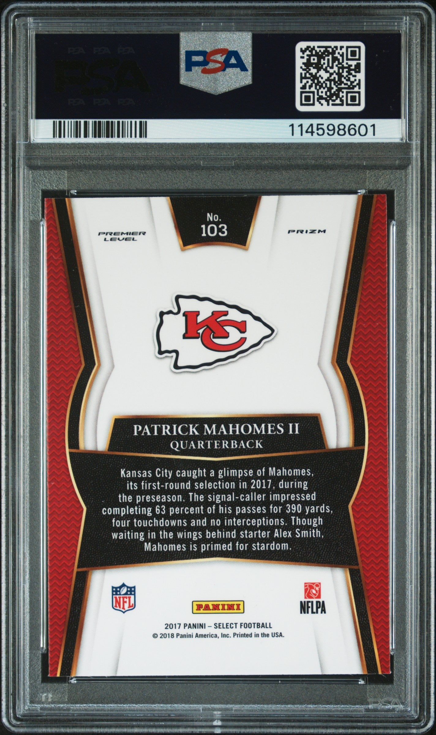 PATRICK MAHOMES 2017 Panini Select Premier Level Silver Prizm Rookie #103 PSA 9