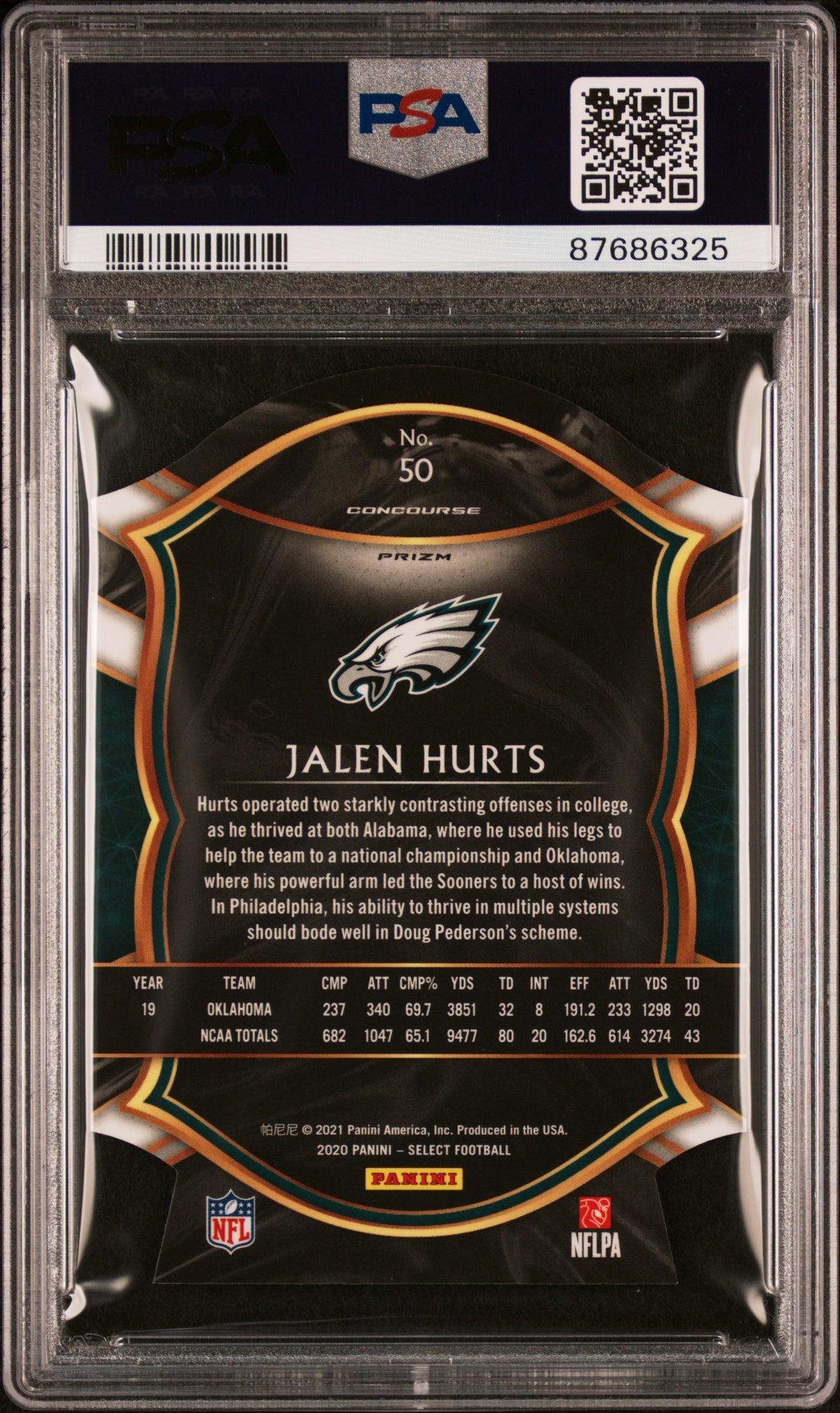 JALEN HURTS 2020 Select Concourse Rookie Die-Cut Red Prizm #50 PSA 10