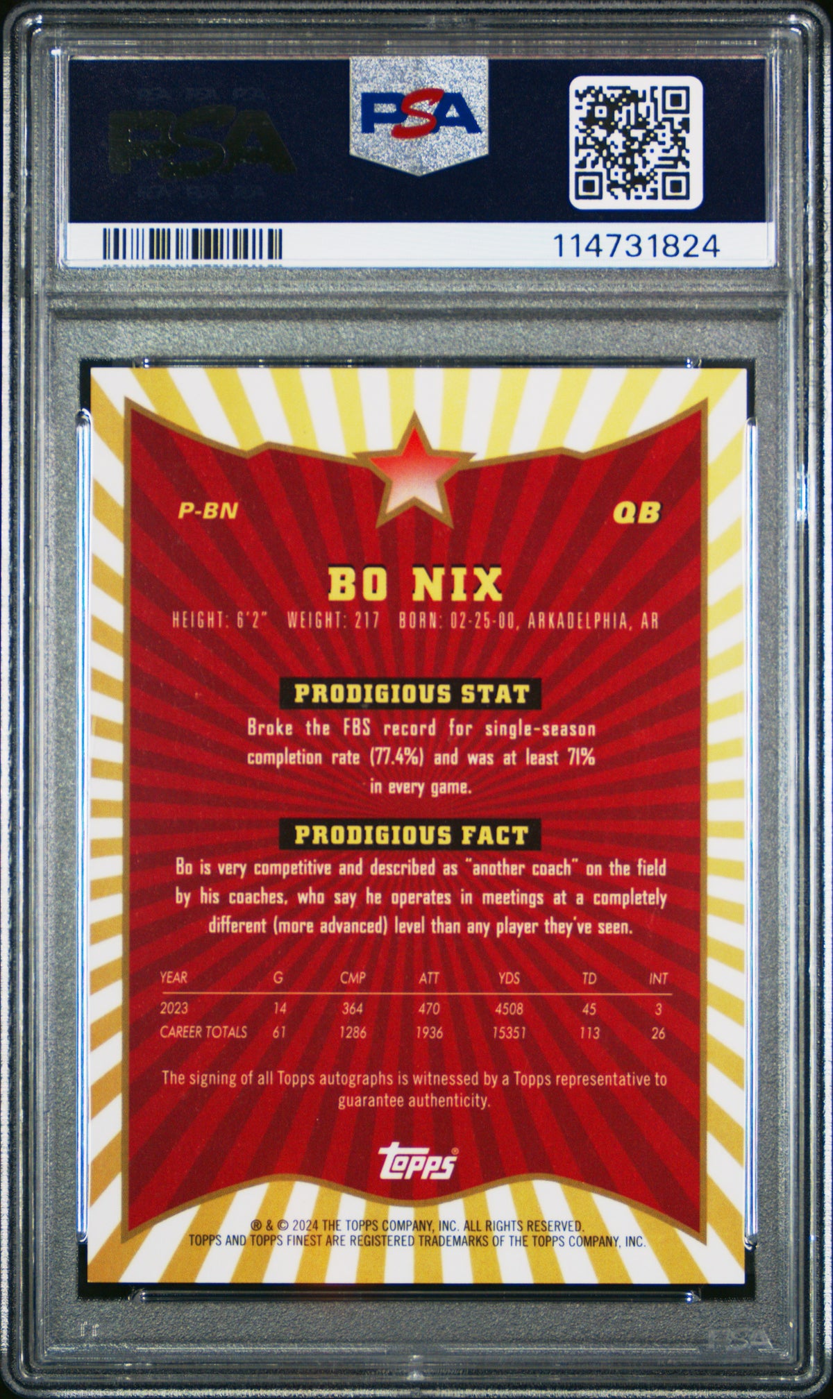 BO NIX 2024 Topps Finest Prodigies Rookie Auto Black Geometric /25 #PBN PSA 9