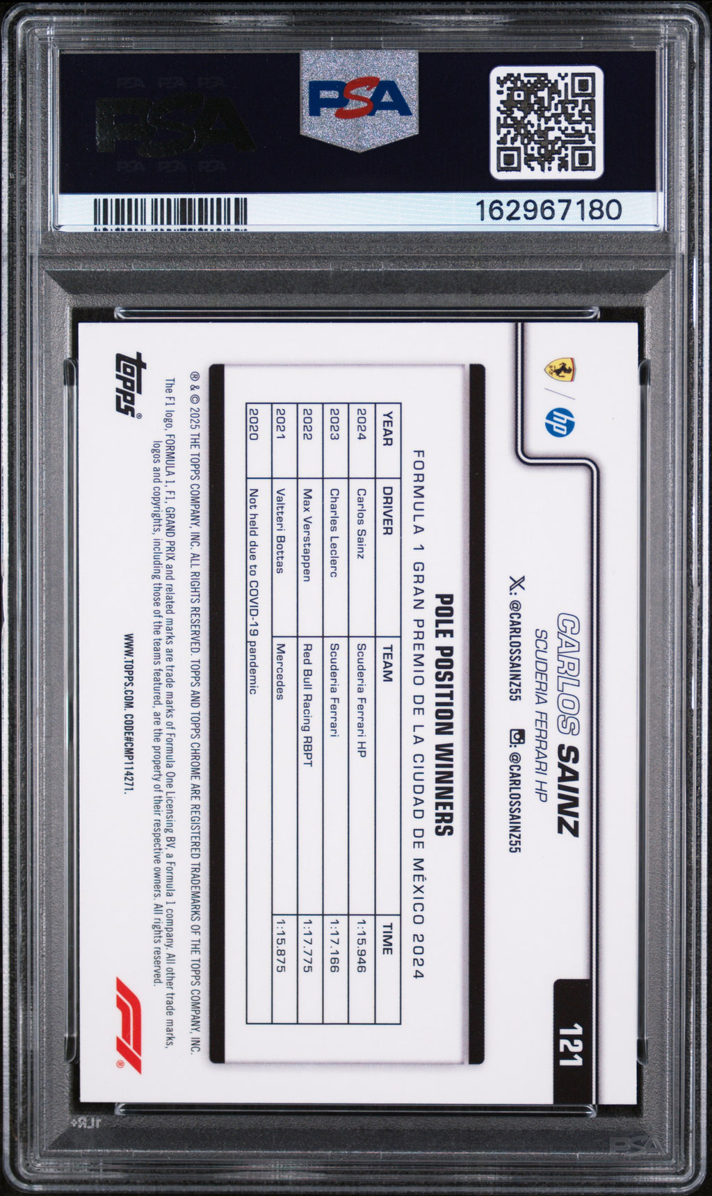 CARLOS SAINZ 2025 Topps Chrome Sapphire Edition Yellow Refractor /75 #121 PSA 9