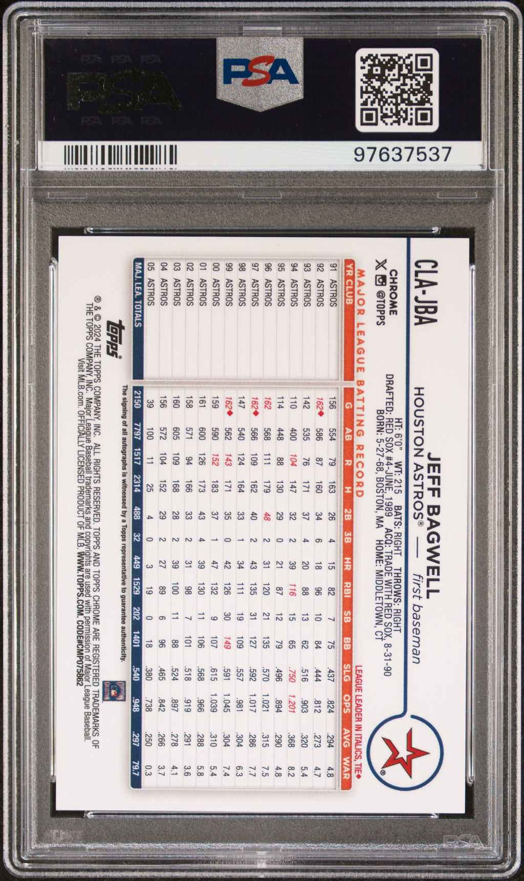 JEFF BAGWELL 2024 Topps Chrome Legends Auto Orange Refractor /25 PSA 10 Astros