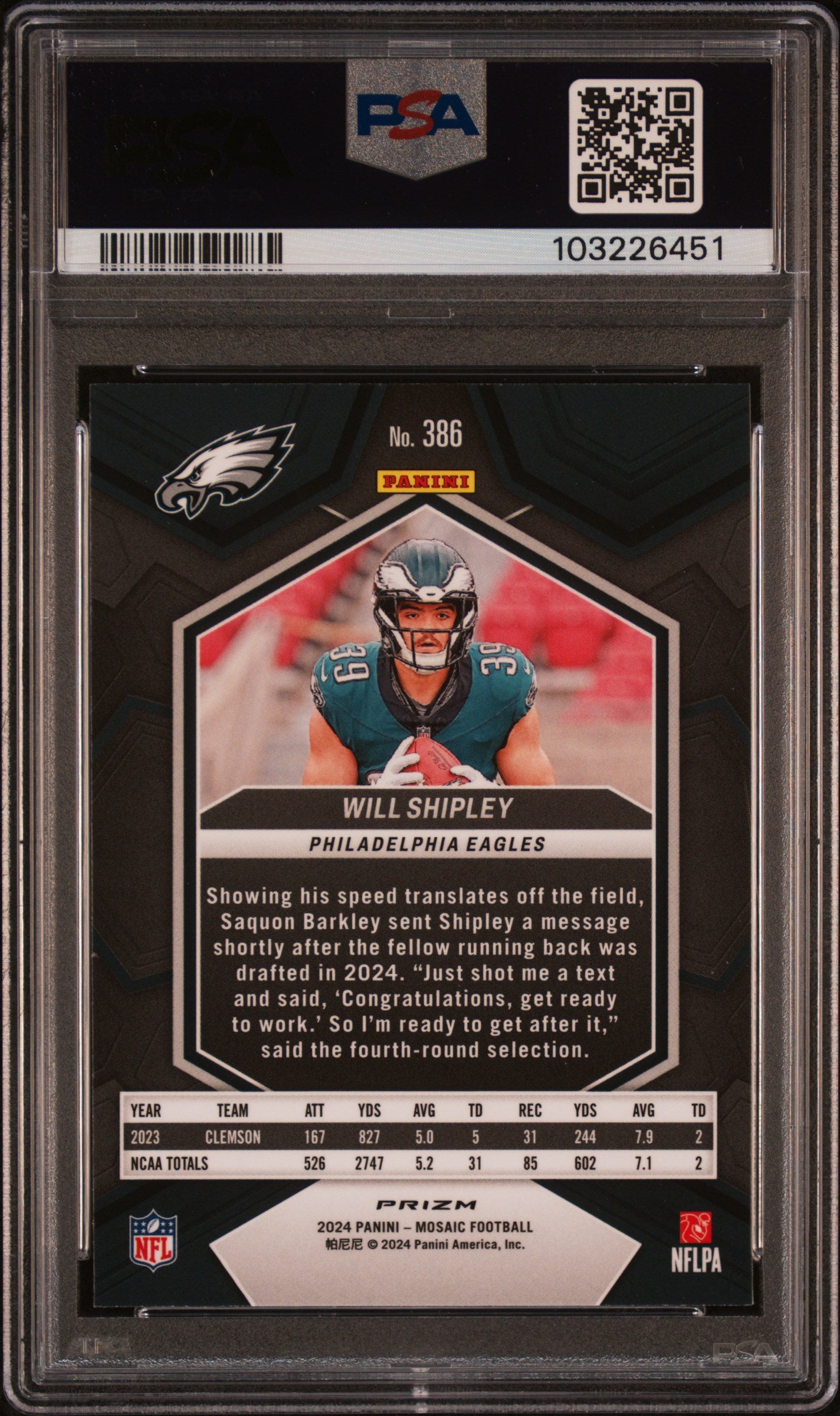 WILL SHIPLEY 2024 Panini Mosaic Honeycomb Prizm Rookie SSP #386 PSA 10 Eagles