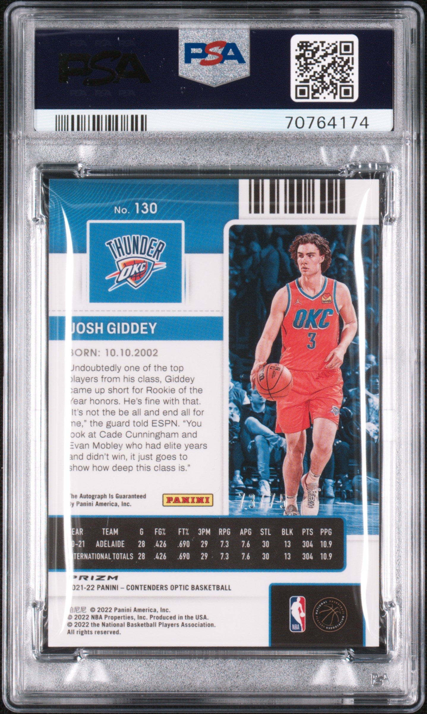 JOSH GIDDEY 2021-22 Panini Contenders Optic Rookie Auto Red Prizm /75 #130 PSA 9