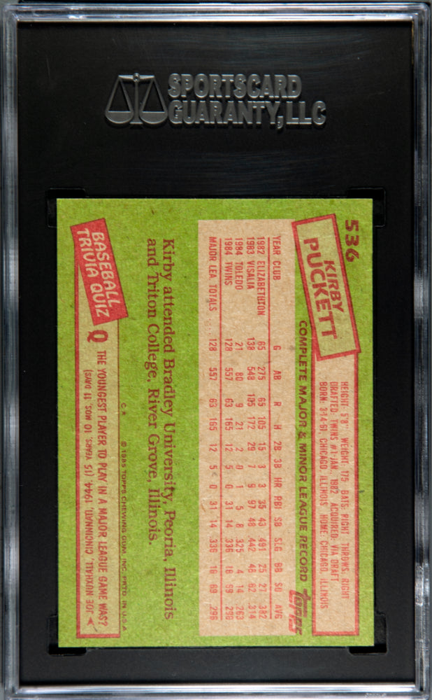 KIRBY PUCKETT 1985 Topps Set Break Rookie #536 SGC 8 NM MT Twins