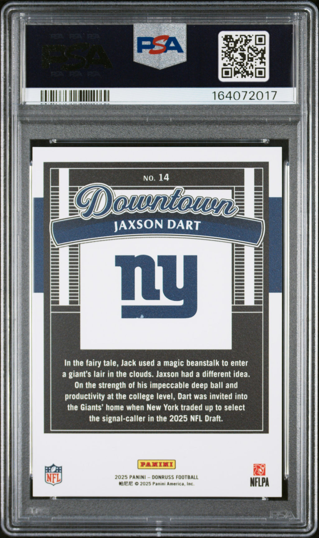 JAXSON DART 2025 Panini Donruss Downtown Rookie Case Hit SSP #14 PSA 10
