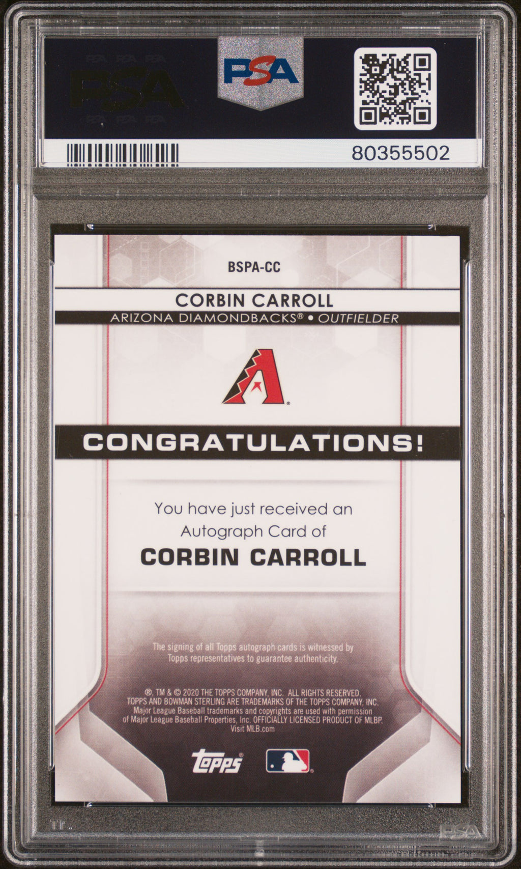 CORBIN CARROLL 2020 Bowman Sterling Auto Orange Refractor /75 PSA 9 Diamondbacks