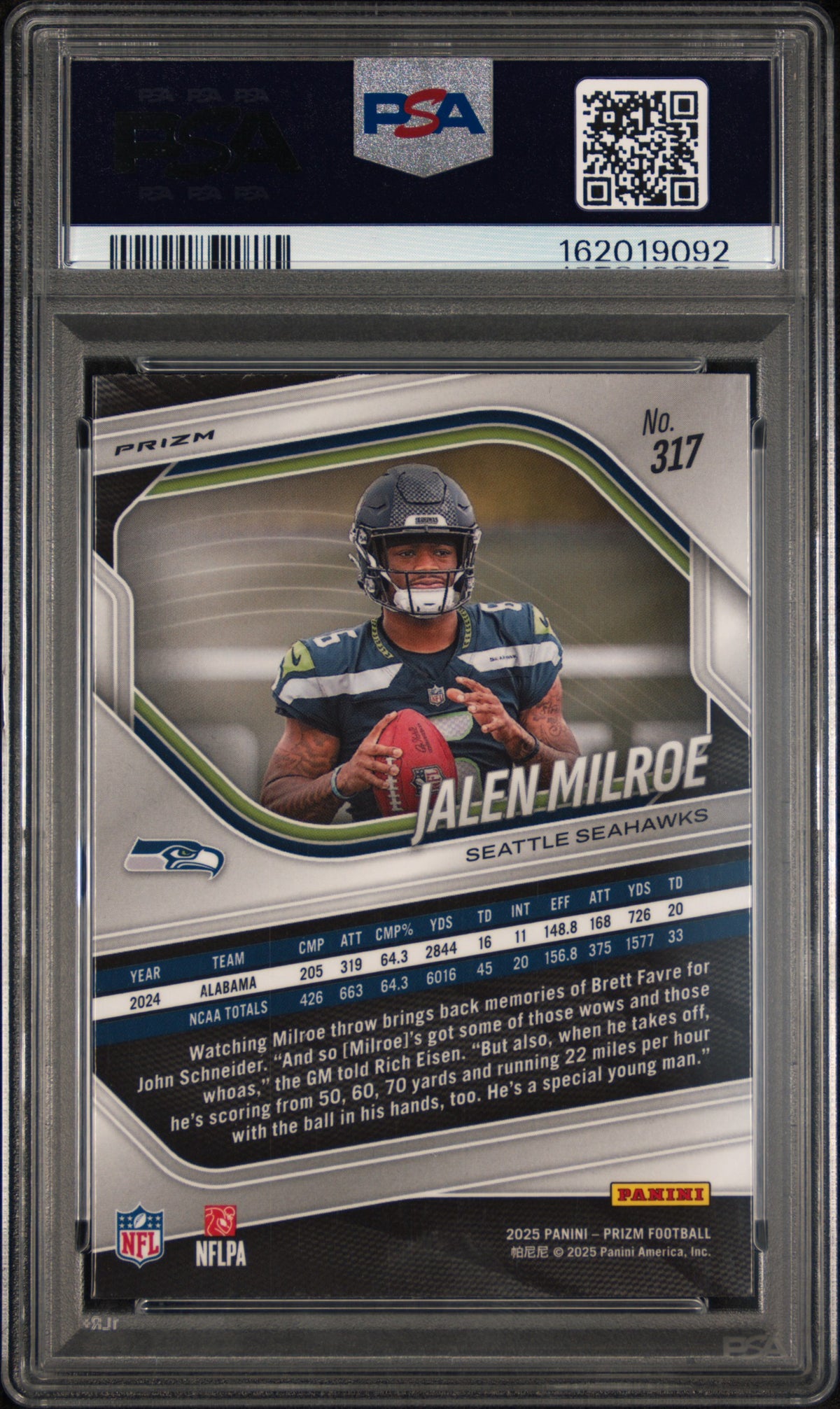 JALEN MILROE 2025 Panini Prizm Snakeskin Rookie SSP #317 PSA 9 Seahawks