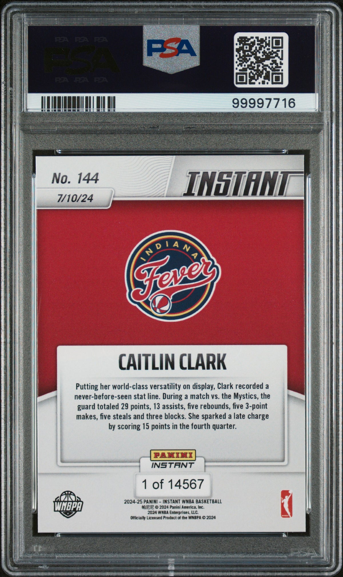 CAITLIN CLARK 2024-25 Panini Instant WNBA Rookie /14567 #144 PSA 10 Fever