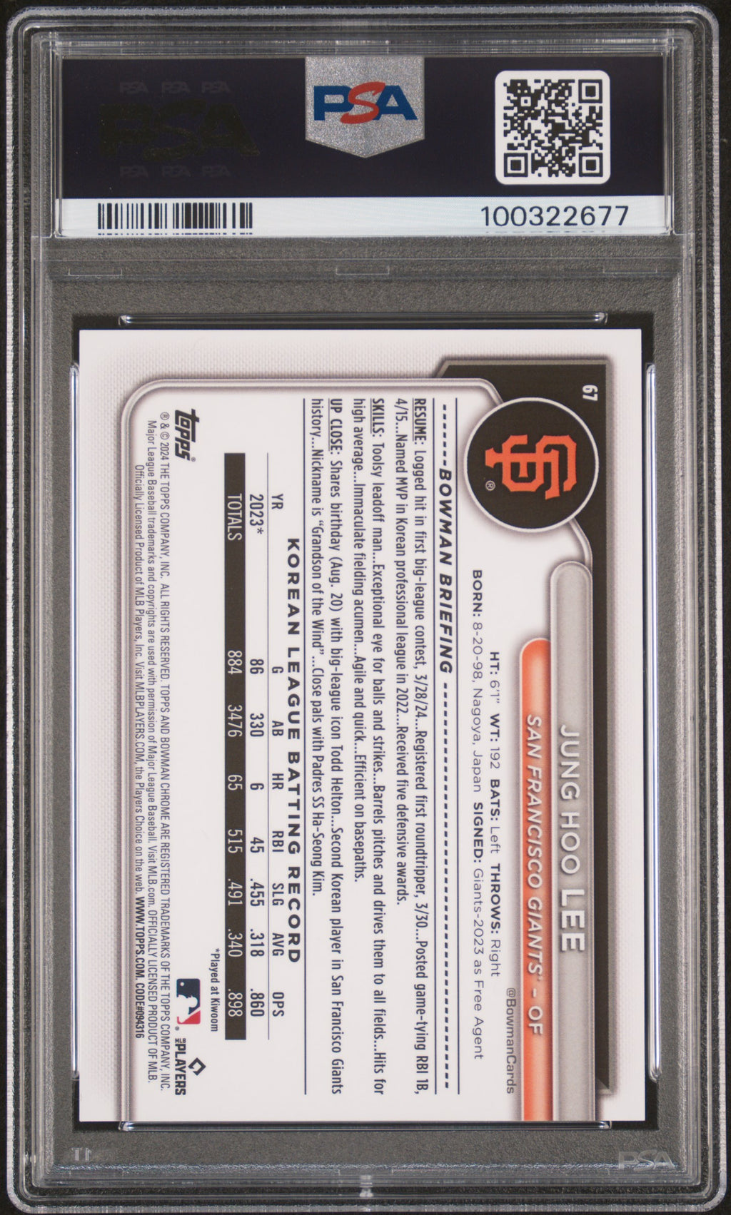 Jung Hoo Lee 2024 Bowman Chrome Mega Image Variation SP Rookie PSA 10