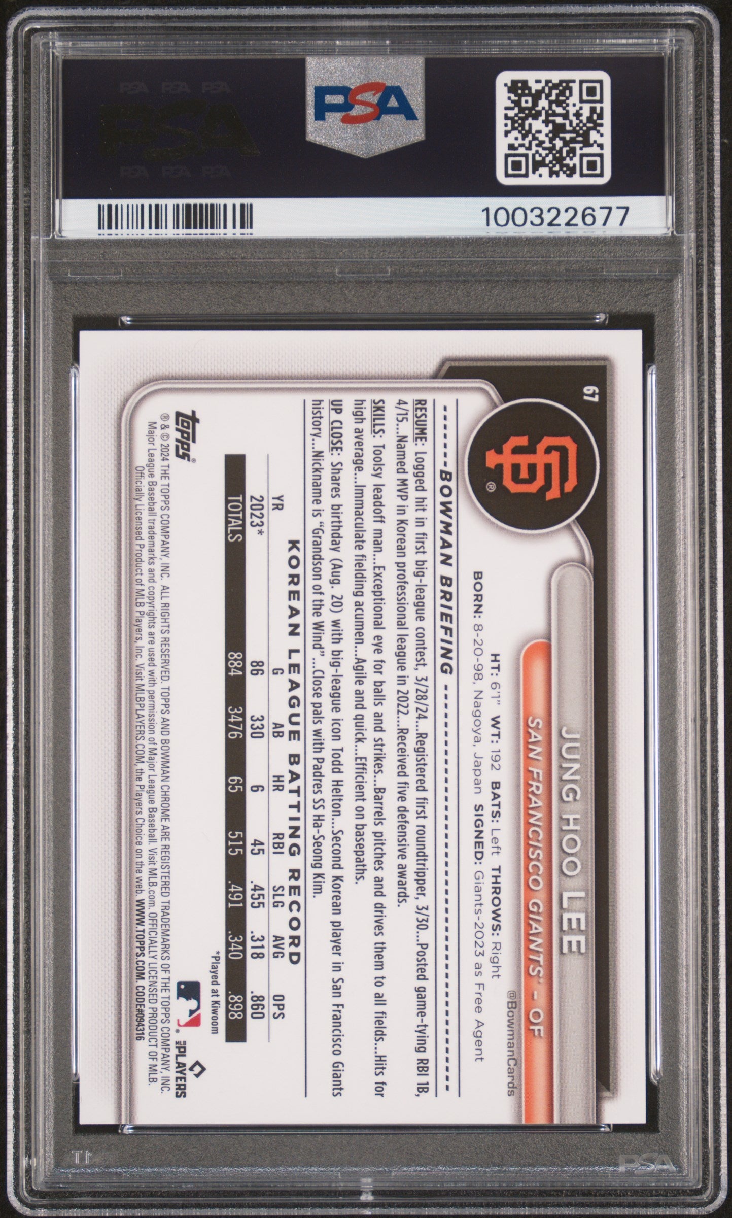 Jung Hoo Lee 2024 Bowman Chrome Mega Image Variation SP Rookie PSA 10