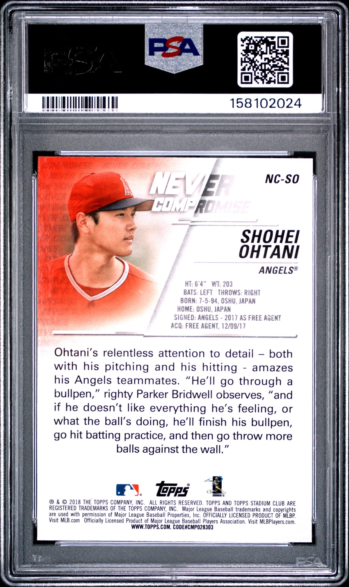 SHOHEI OHTANI 2018 Topps Stadium Club Rookie Never Compromise #NC-SO PSA 10