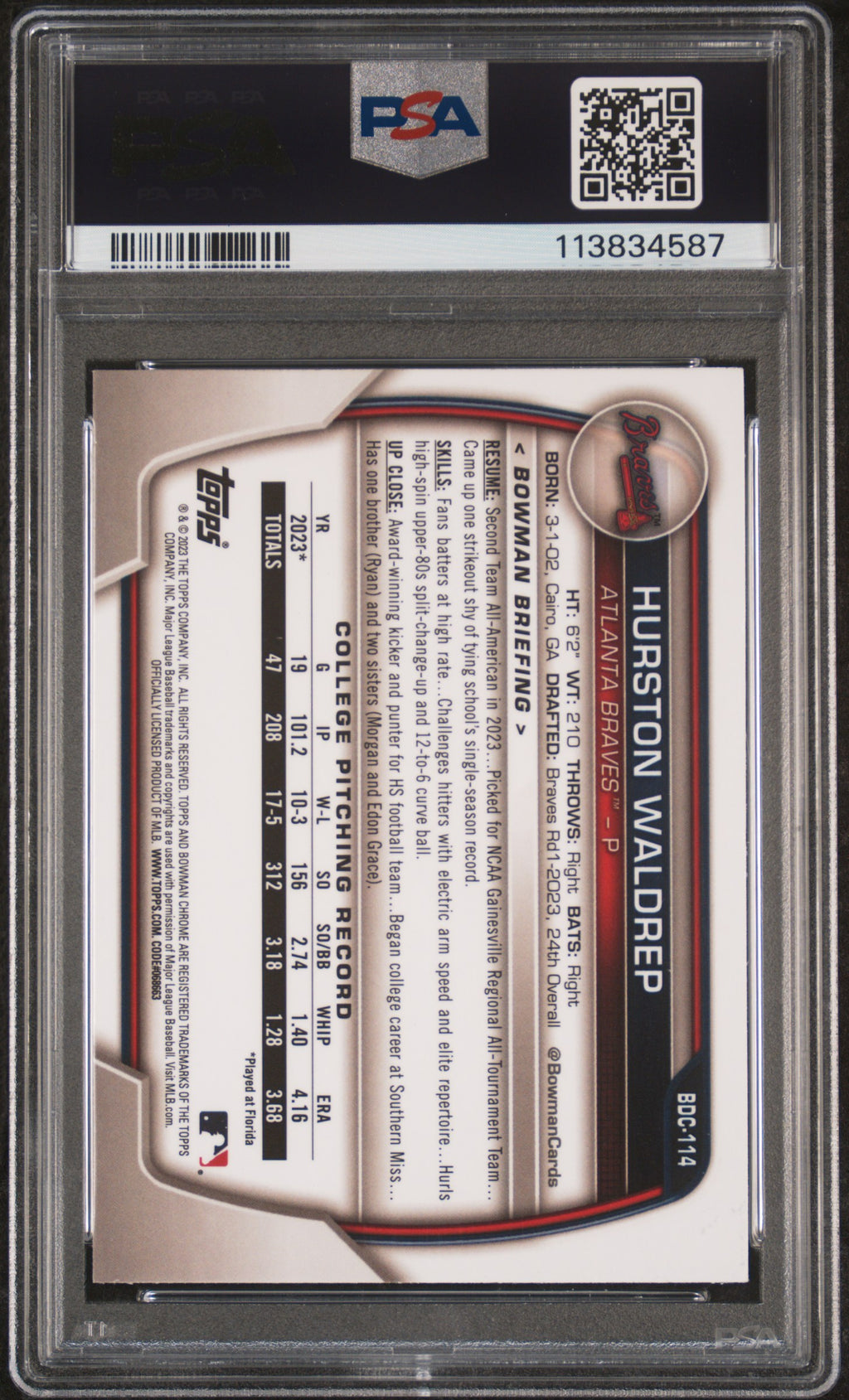 HURSTON WALDREP 2023 Bowman Draft Chrome 1st Blue Refractor /150 #BDC114 PSA 9