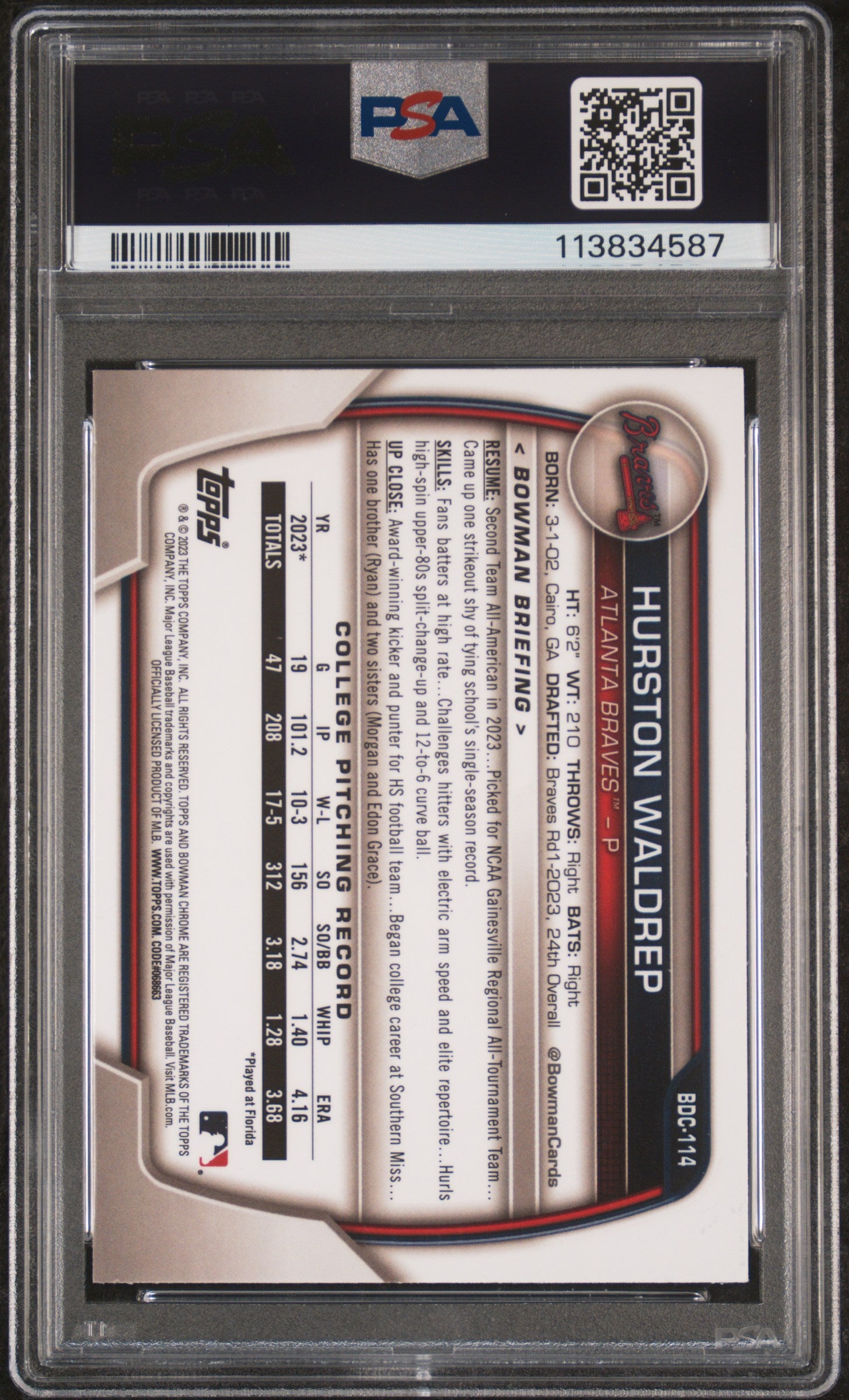 HURSTON WALDREP 2023 Bowman Draft Chrome 1st Blue Refractor /150 #BDC114 PSA 9