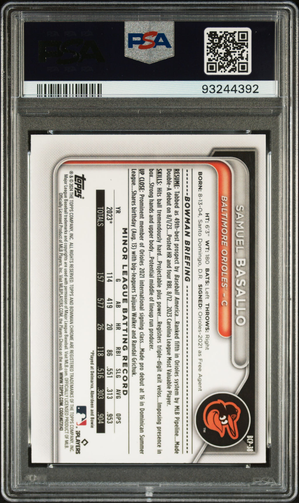 SAMUEL BASALLO 2024 Bowman Chrome Yellow Lunar Refractor /75 #BCP38 PSA 9