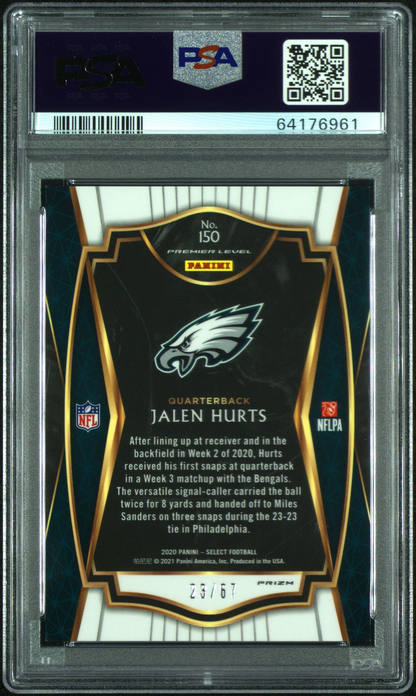 JALEN HURTS 2020 Panini Select Premier Level Dragon Scale Prizm /67 Rookie PSA 9