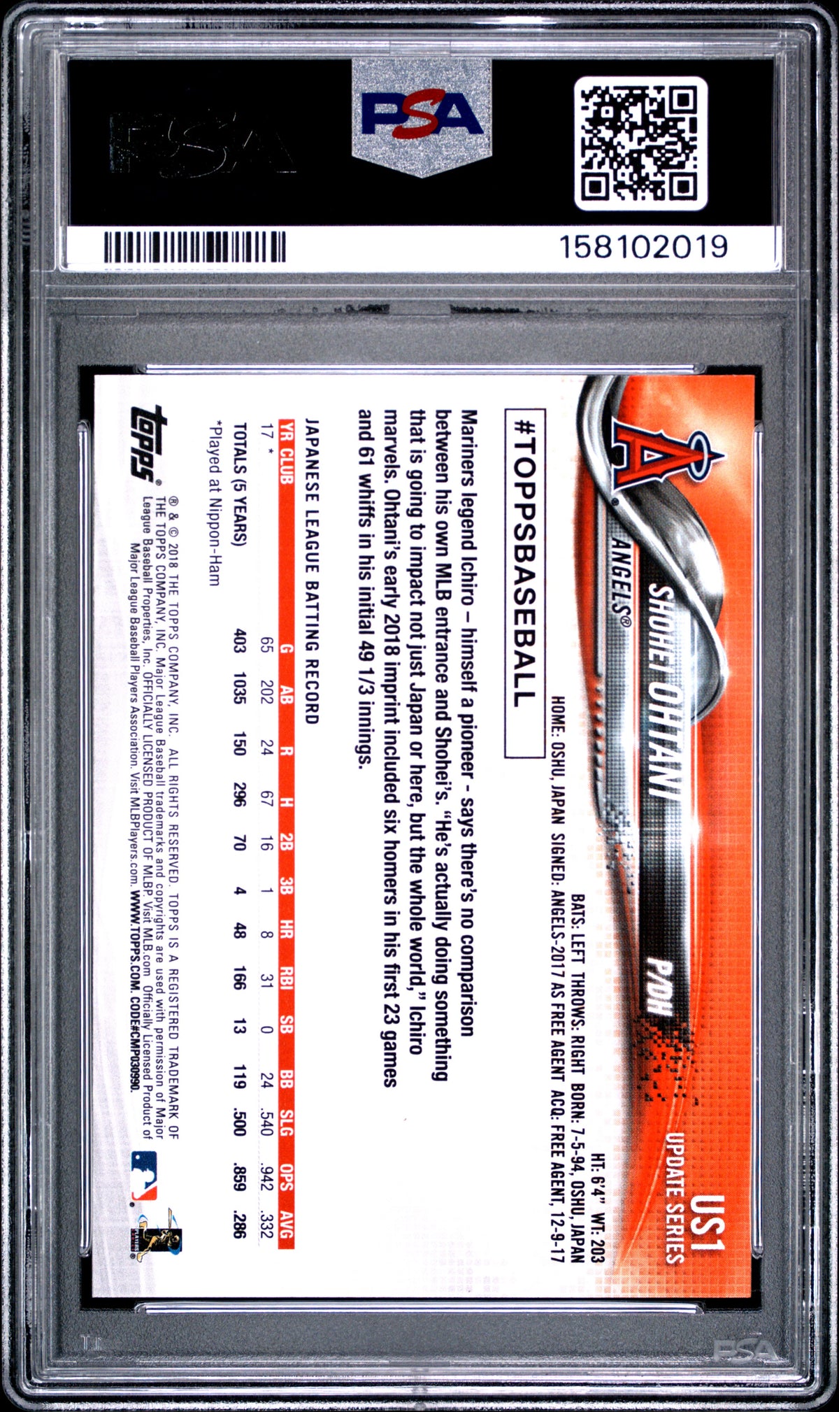 SHOHEI OHTANI 2018 Topps Update Rookie Pitching #US1 PSA 9 Angels