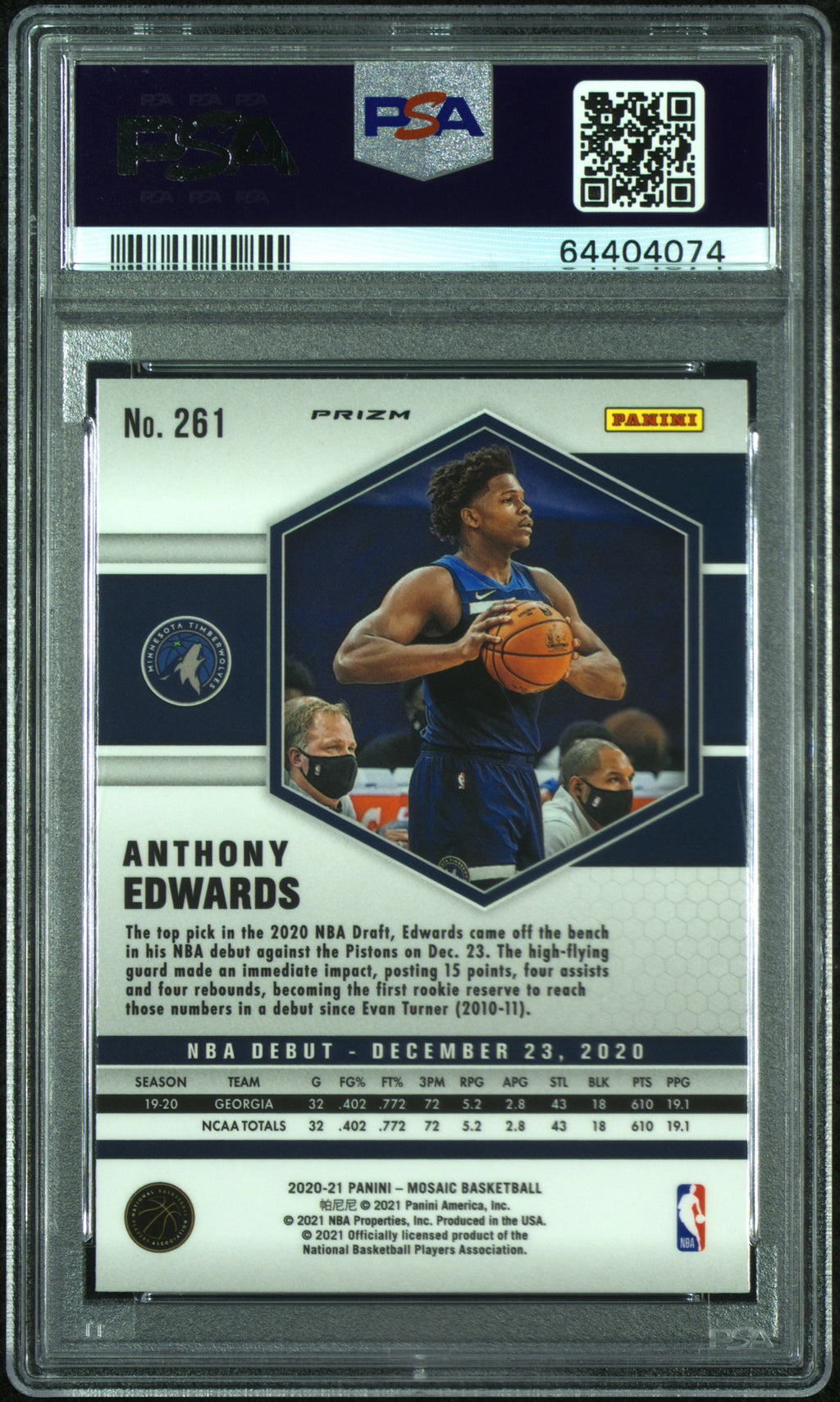 ANTHONY EDWARDS 2020-21 Panini Mosaic Rookie Debut Reactive Yellow #261 PSA 10