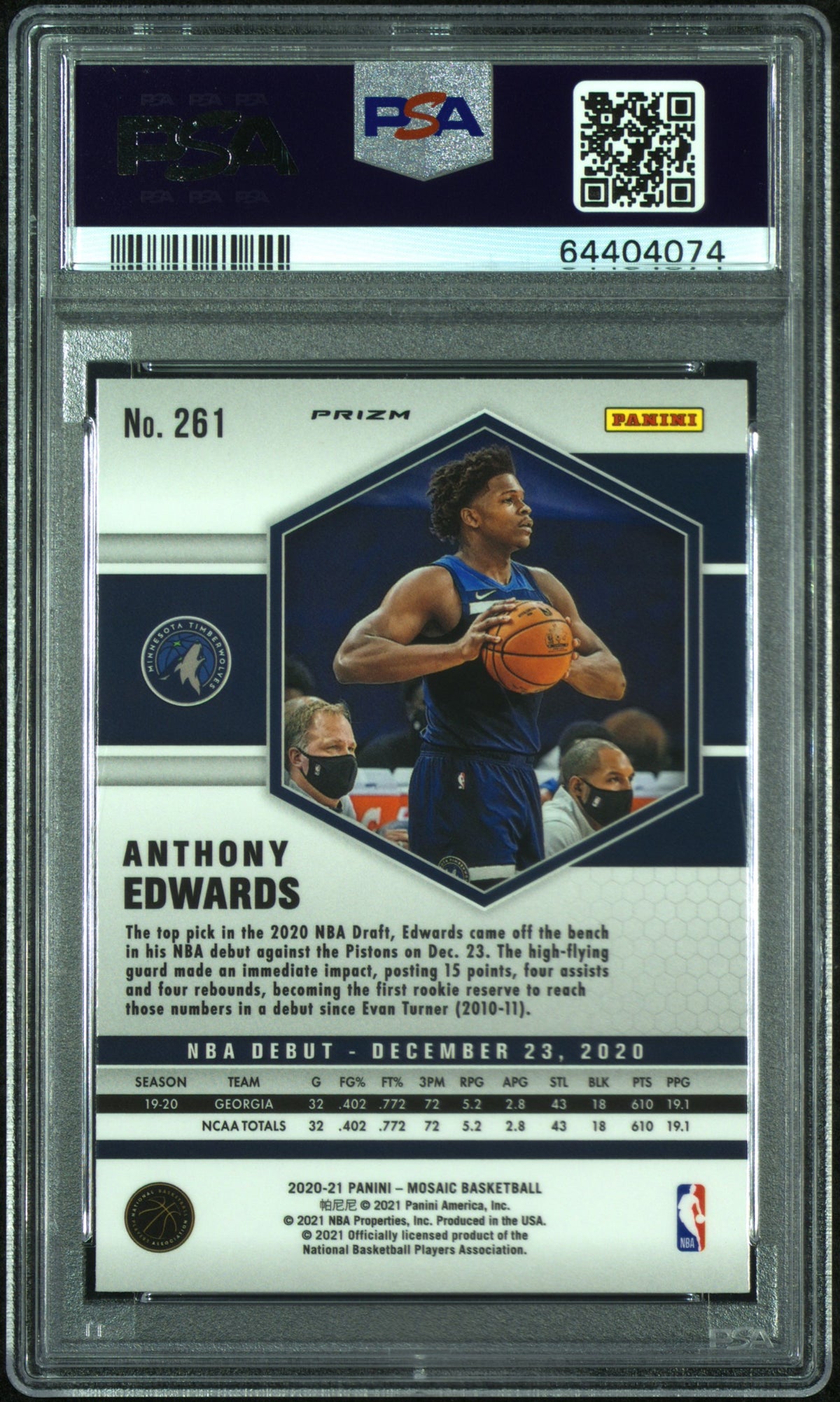 ANTHONY EDWARDS 2020-21 Panini Mosaic Rookie Debut Reactive Yellow #261 PSA 10