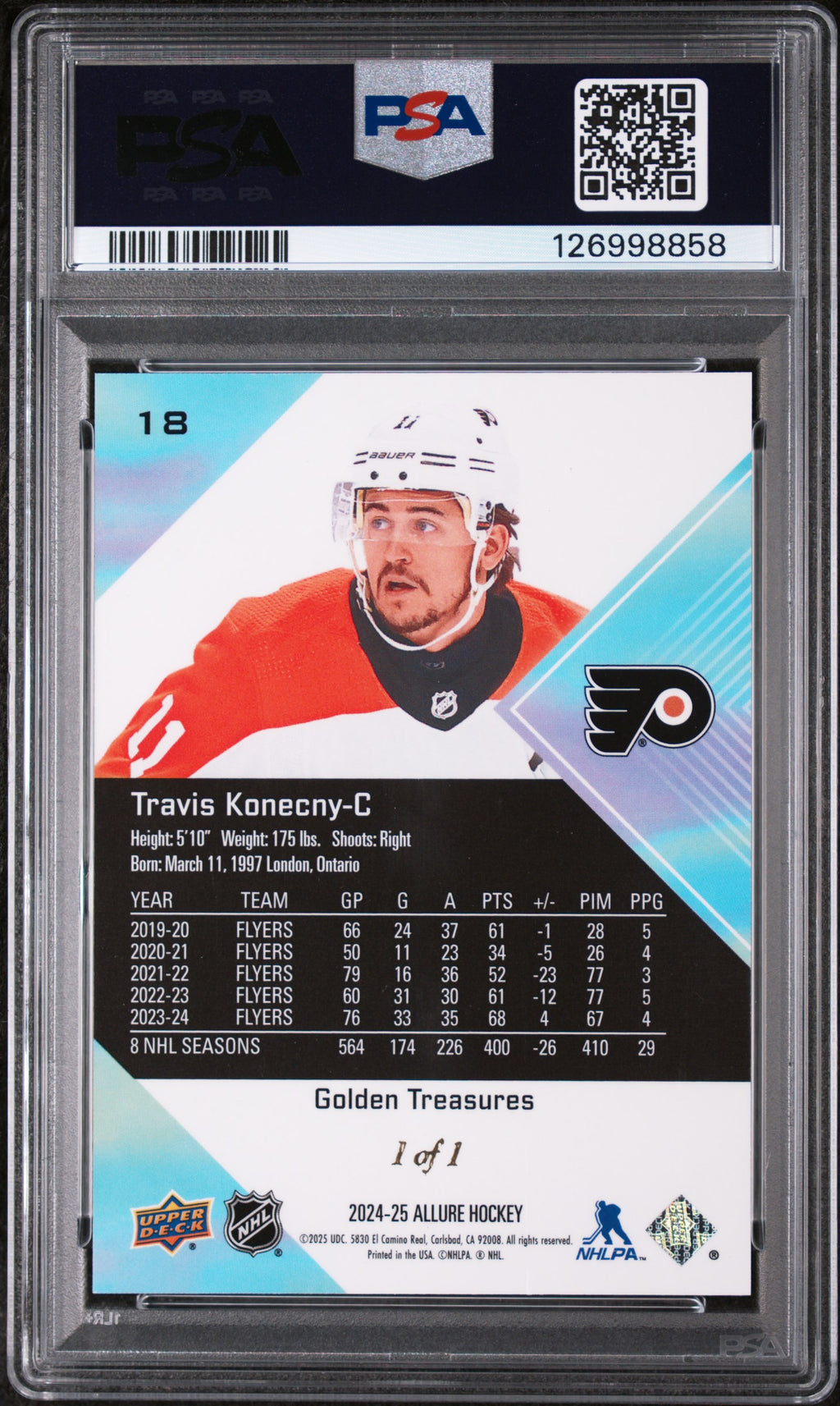TRAVIS KONECNY 2024 Upper Deck Allure Golden Treasures 1/1 #18 PSA 8 Flyers