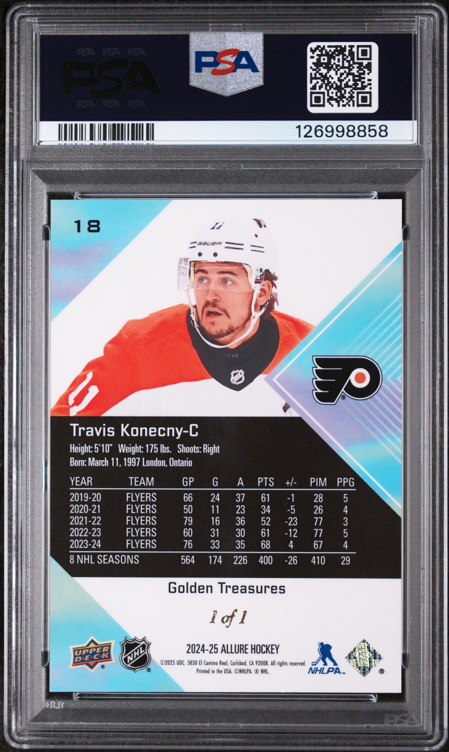 TRAVIS KONECNY 2024 Upper Deck Allure Golden Treasures 1/1 #18 PSA 8 Flyers