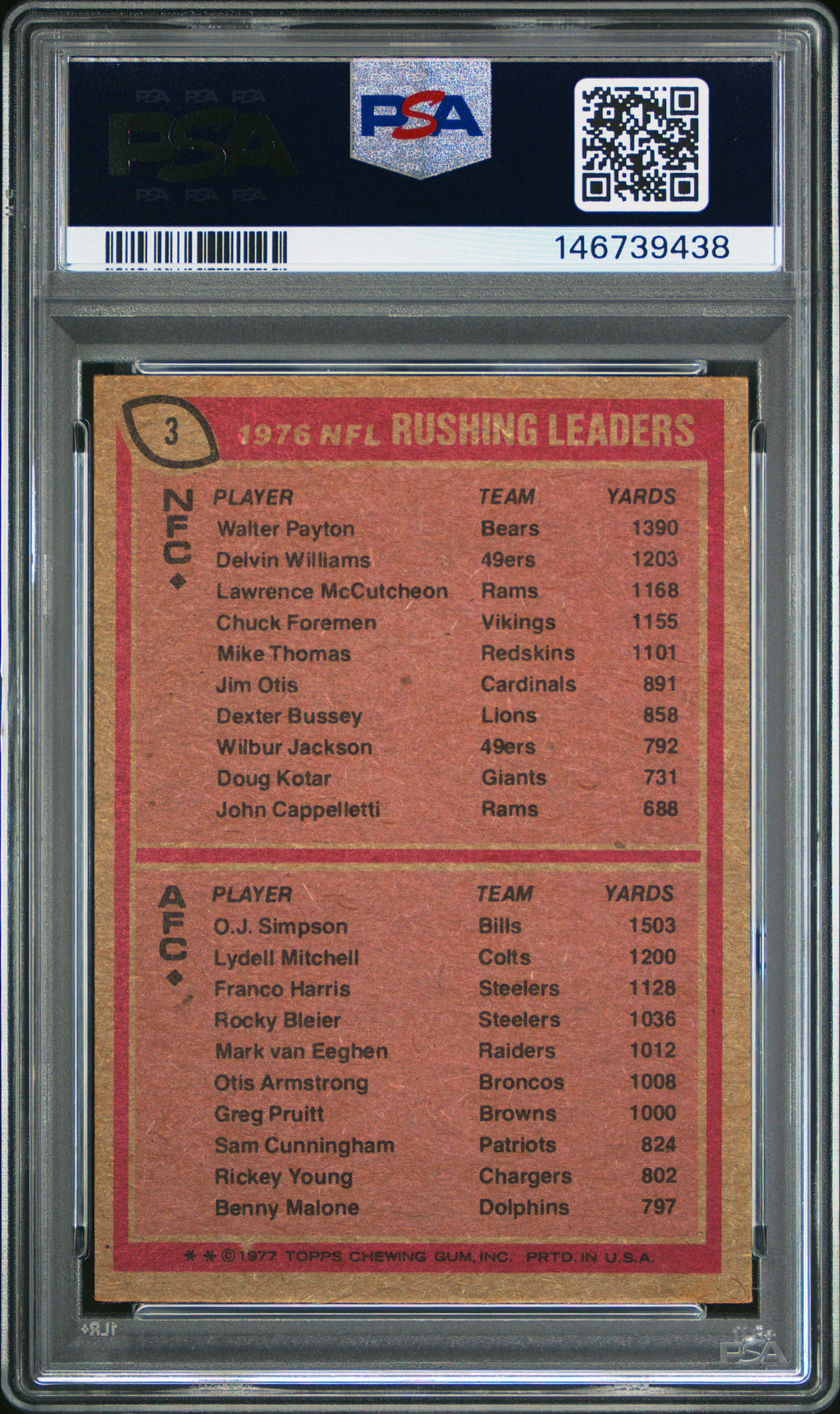 WALTER PAYTON O.J. SIMPSON 1977 Topps Rushing Leaders #3 PSA 4