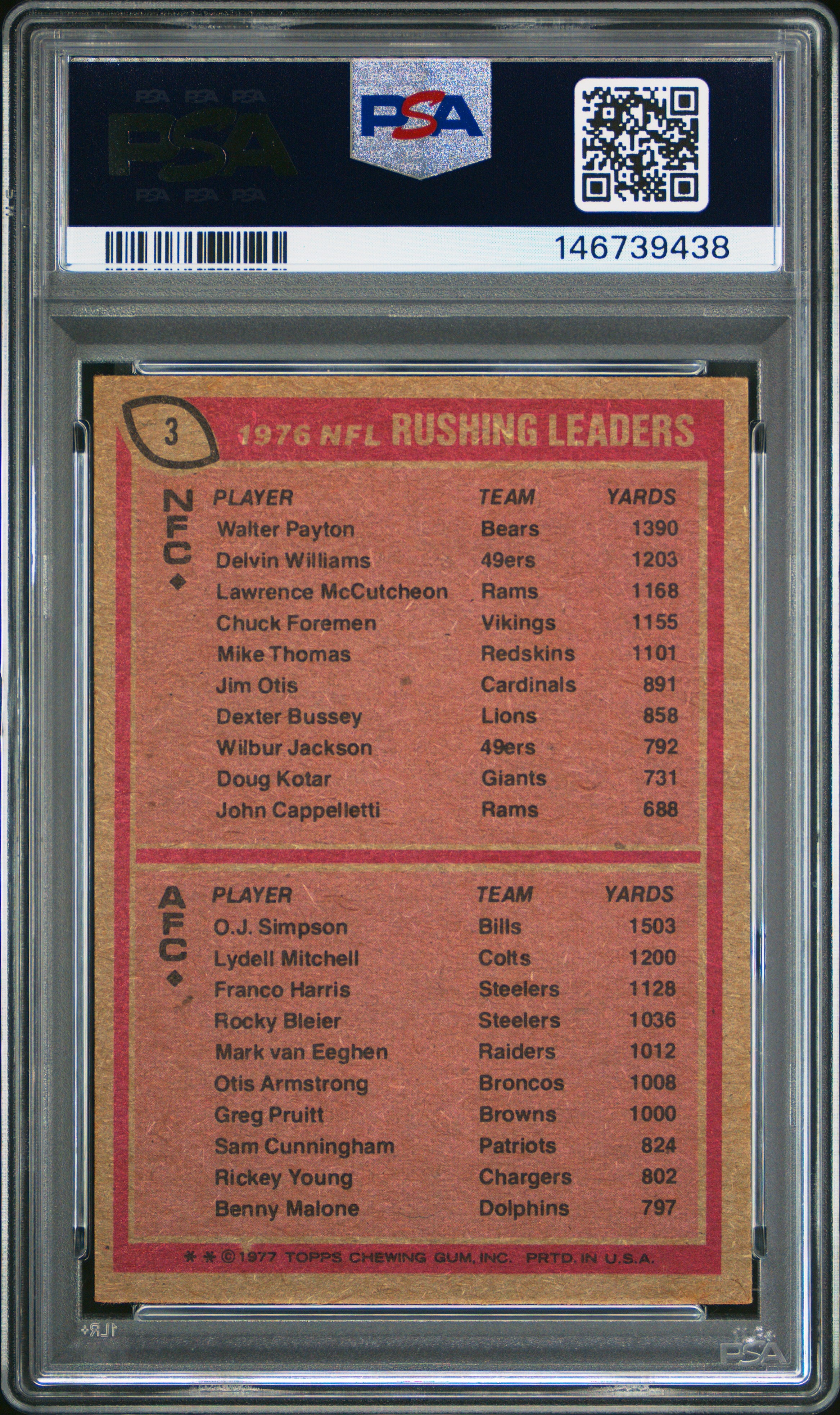 WALTER PAYTON O.J. SIMPSON 1977 Topps Rushing Leaders #3 PSA 4