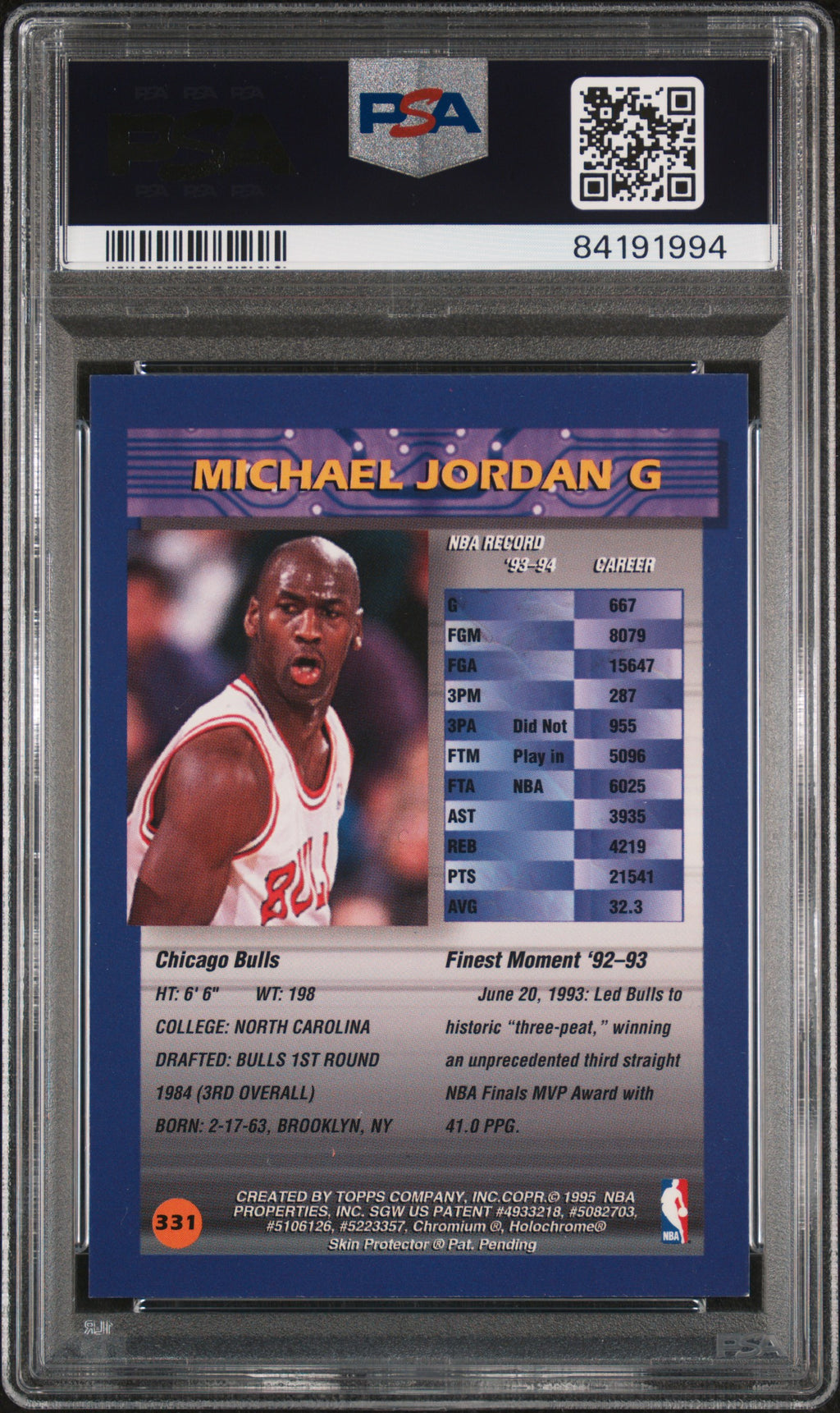 MICHAEL JORDAN 1994-95 Topps Finest With Coating #331 PSA 8 Bulls