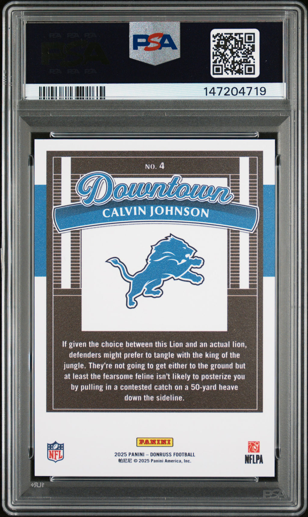 CALVIN JOHNSON 2025 Panini Donruss Downtown Case Hit SSP #4 PSA 10 Lions