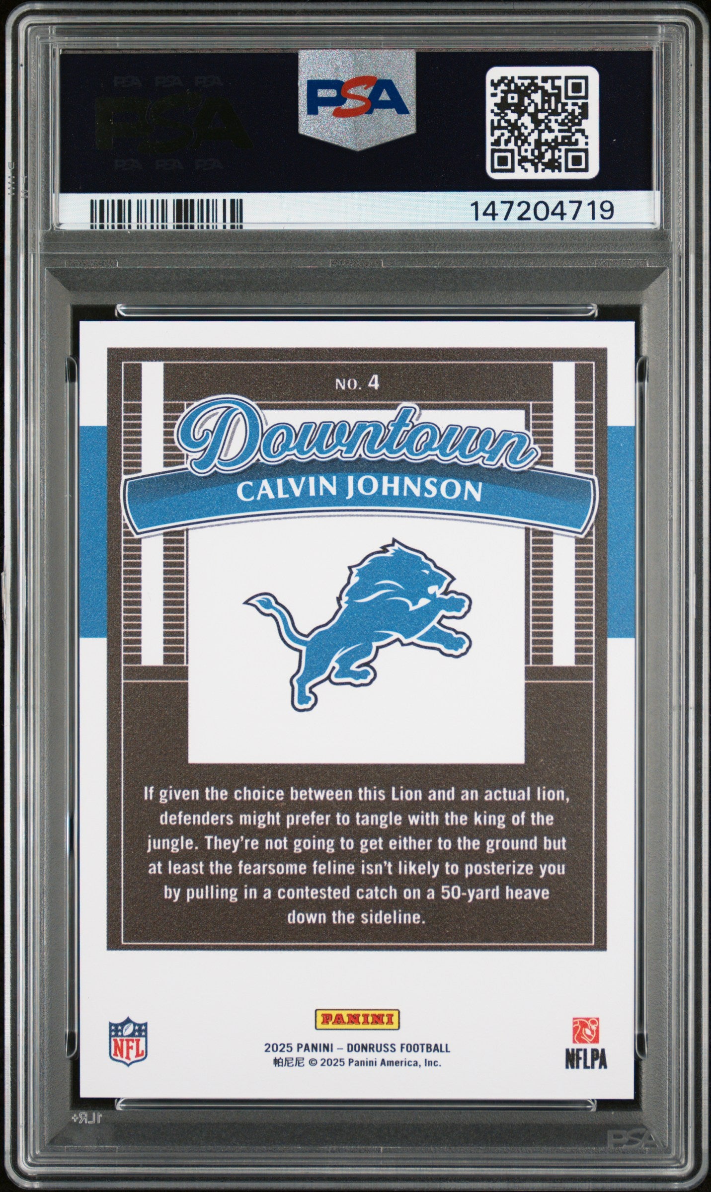 CALVIN JOHNSON 2025 Panini Donruss Downtown Case Hit SSP #4 PSA 10 Lions