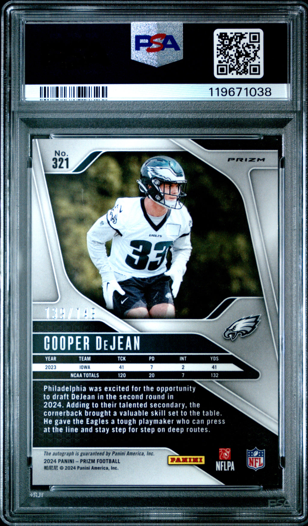 COOPER DEJEAN 2024 Panini Prizm Rookie Red Wave Auto /149 #321 PSA 9 Eagles