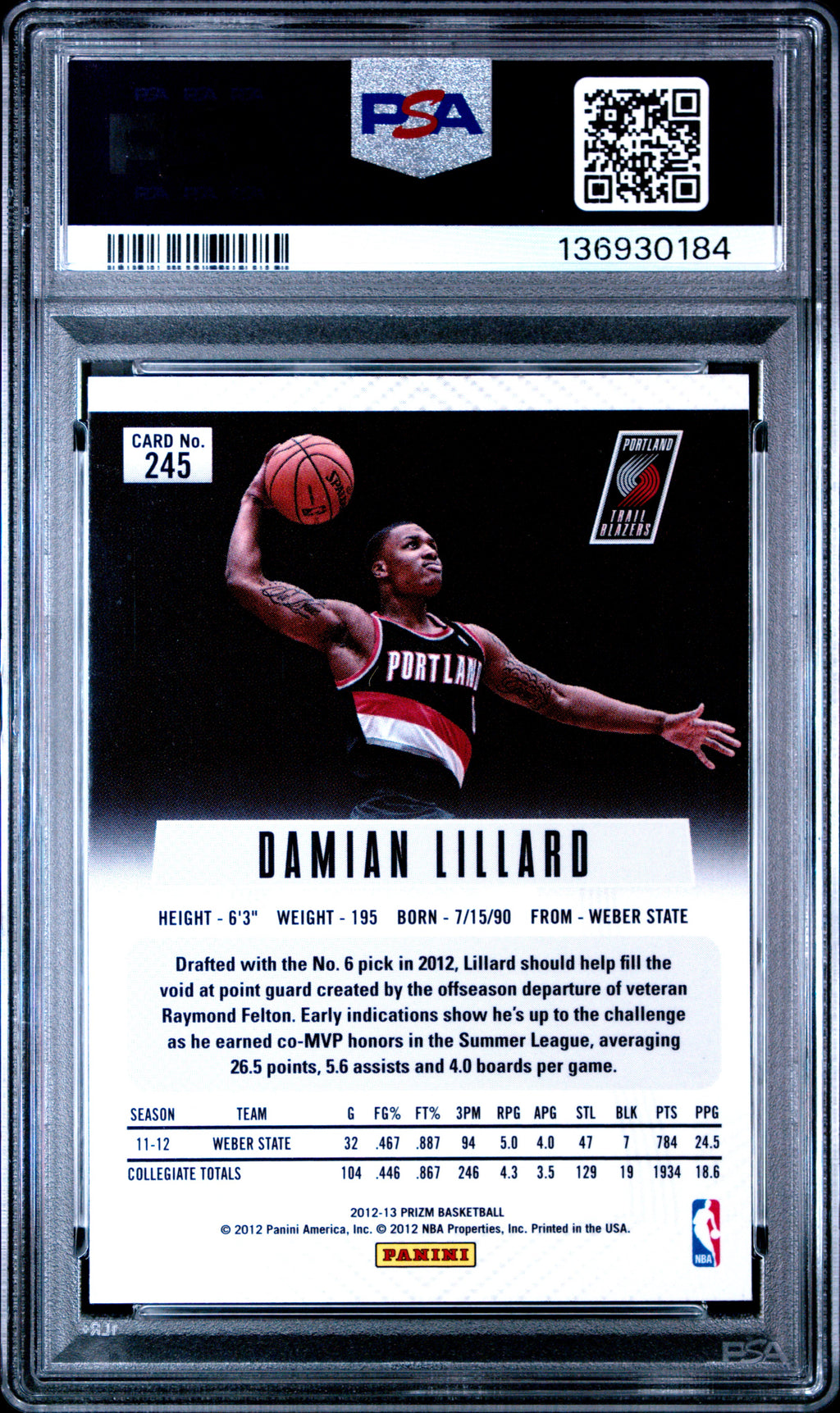 DAMIAN LILLARD 2012-13 Panini Prizm Rookie Card #245 PSA 9 Trail Blazers