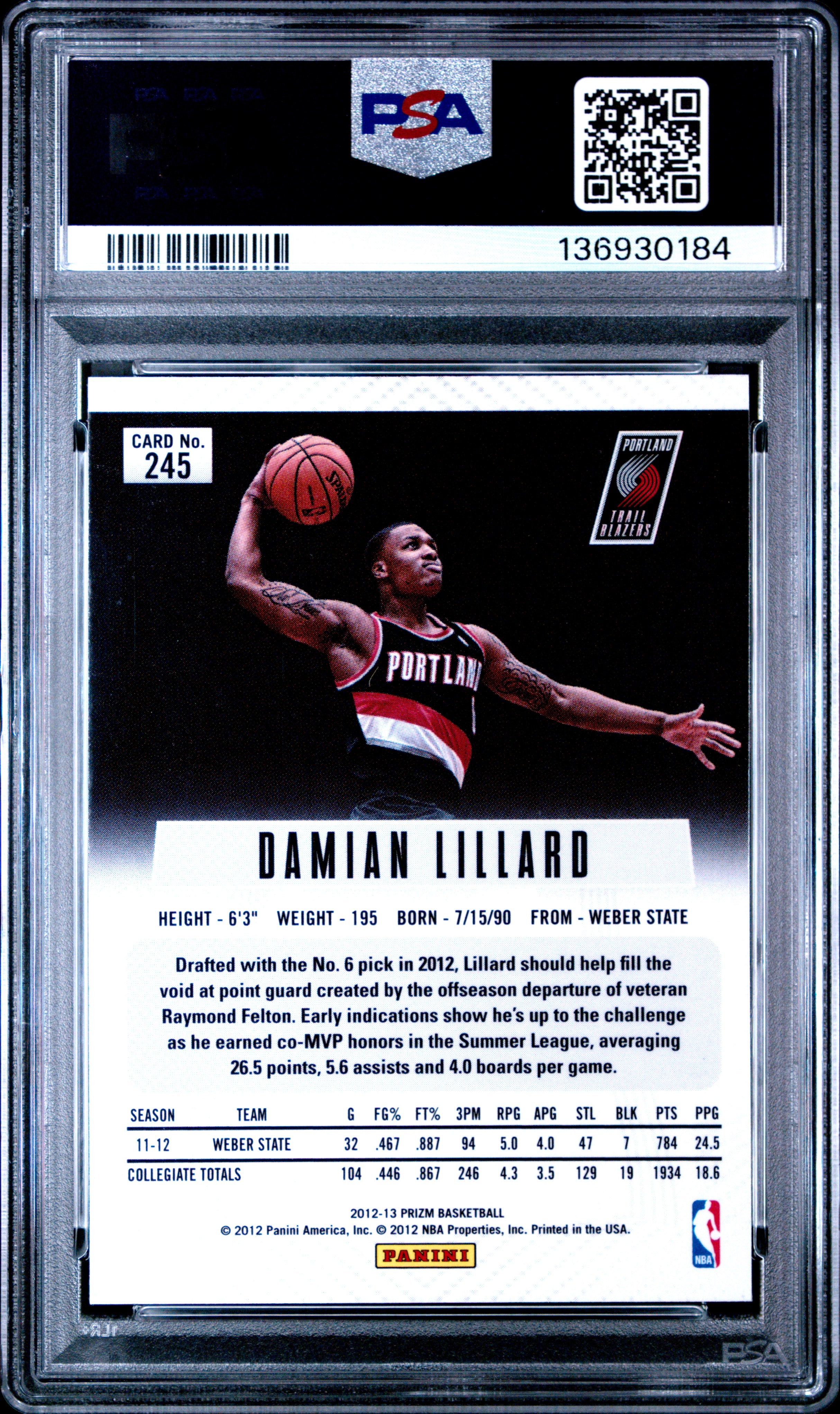 DAMIAN LILLARD 2012-13 Panini Prizm Rookie Card #245 PSA 9 Trail Blazers