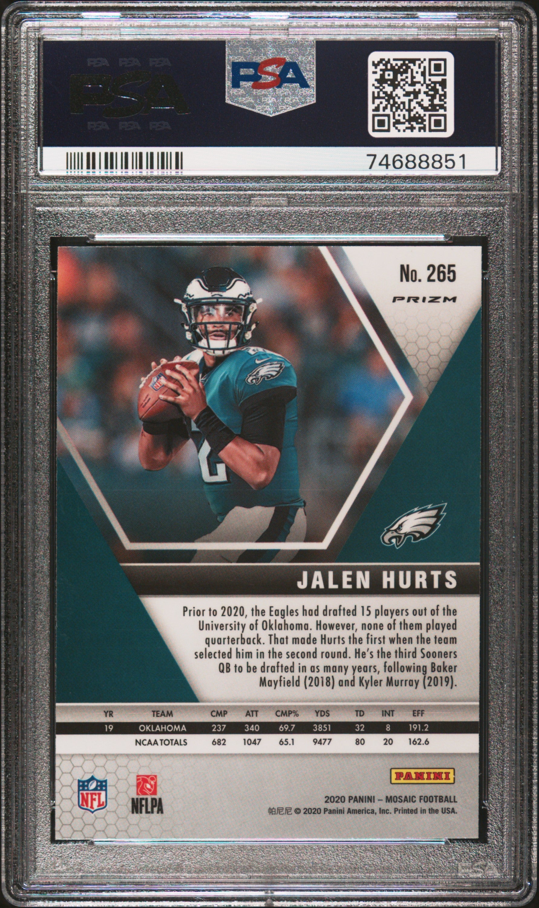 JALEN HURTS 2020 Panini Mosaic Reactive Green Prizm Rookie #265 PSA 10 Eagles