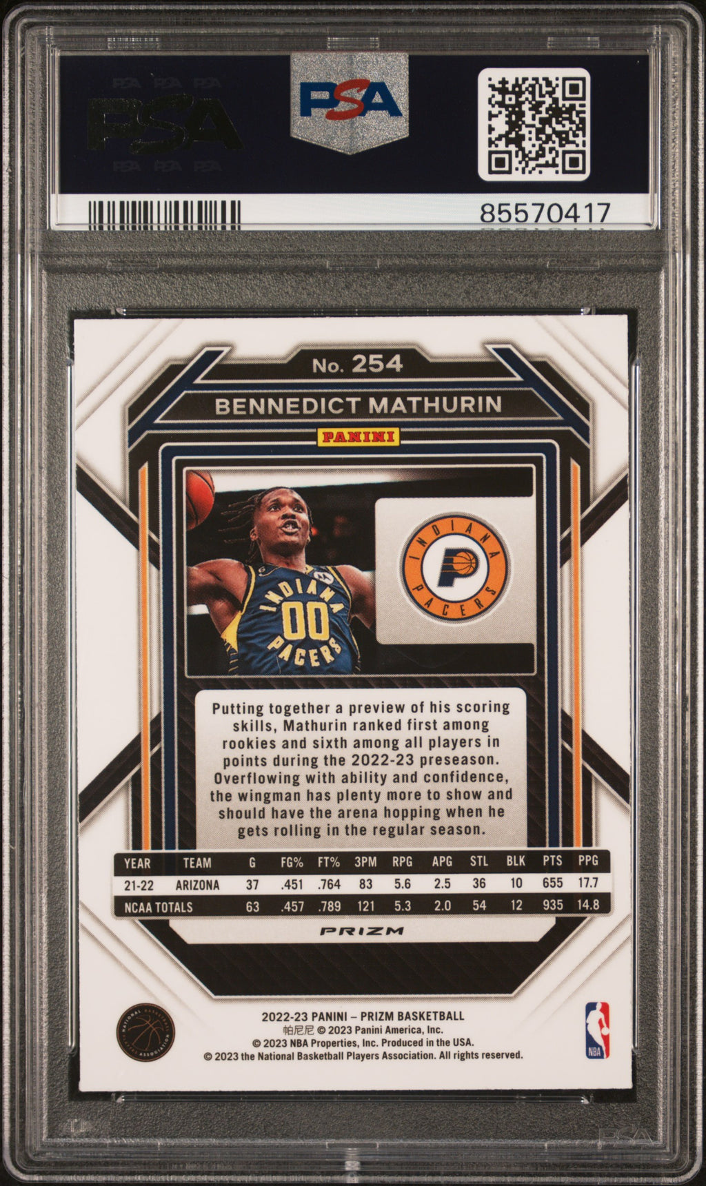BENNEDICT MATHURIN 2022-23 Panini Prizm Rookie SIlver Prizm #254 PSA 10 Pacers